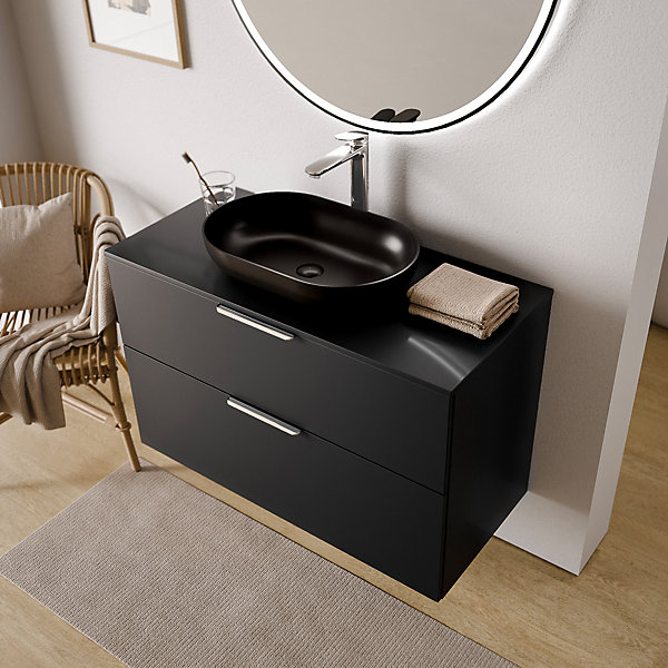 Meuble sous vasque suspendu MDF Noir mat 100x46x62cm, Plan lavabo Blanc mat   2 tiroirs poignée Chrome - TIM100