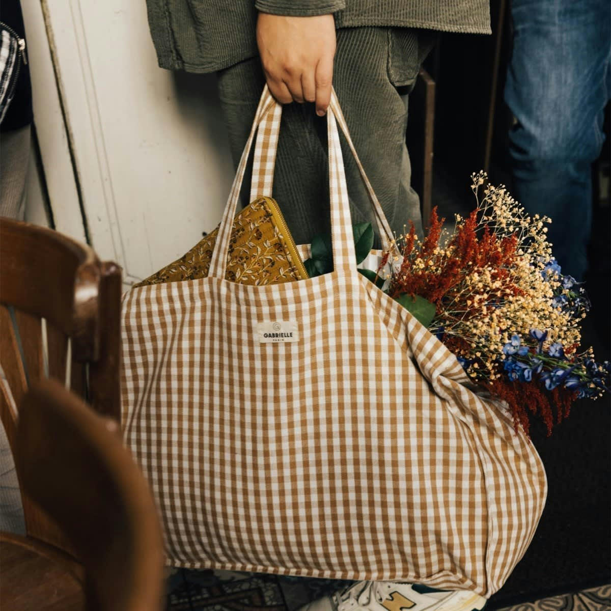 PAR AMOUR - Sac cabas en coton imprimé Vichy beige