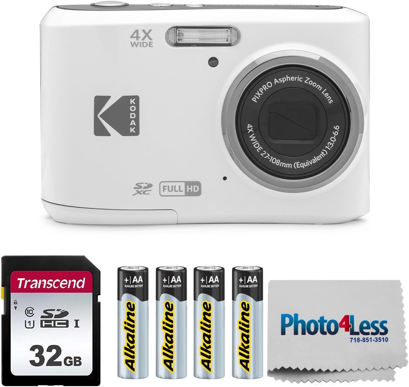 KODAK PIXPRO FZ45 16MP Digital Camera with 4X Optical Zoom 27mm Wide Angle and 2.7 LCD Screen Bundle with 32GB SD Memory Card  AA Batteries (4 Pack)  Lens Cleaning Cloth (White)