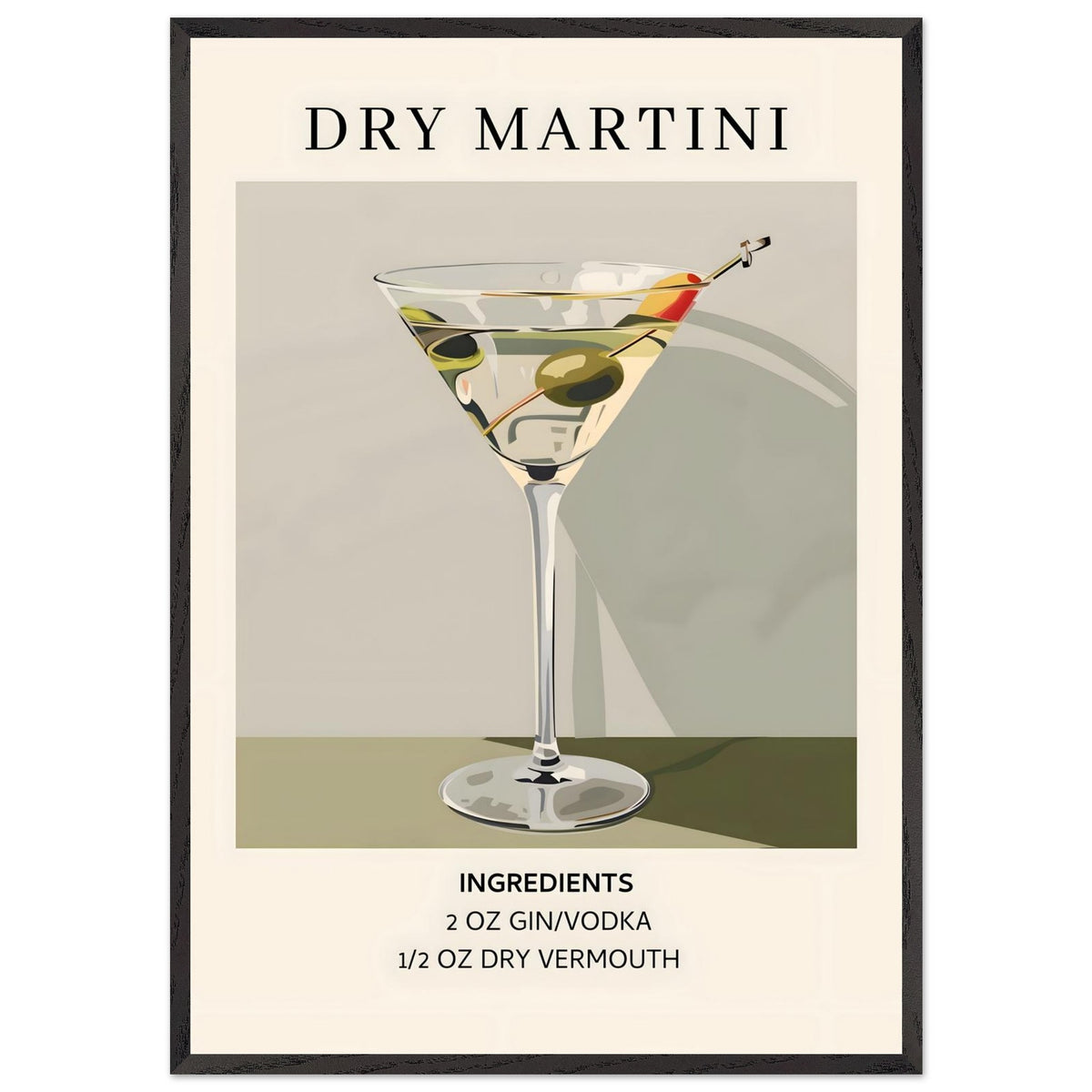 Artfulprints Poster met Lijst Dry Martini cocktail - Ingrediënten  - 70x100 cm - Groen