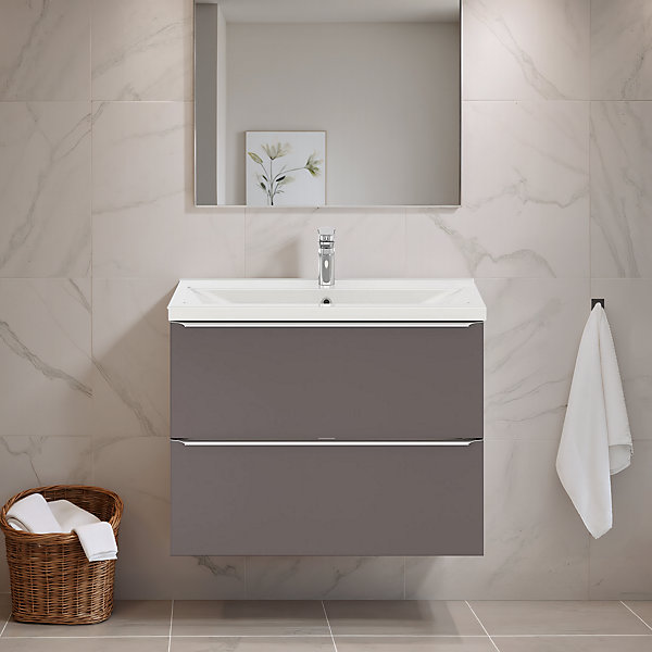 Meuble vasque suspendu faible profondeur gris taupe brillant l.80 cm Imandra   plan vasque blanc céramique Nira, GoodHome