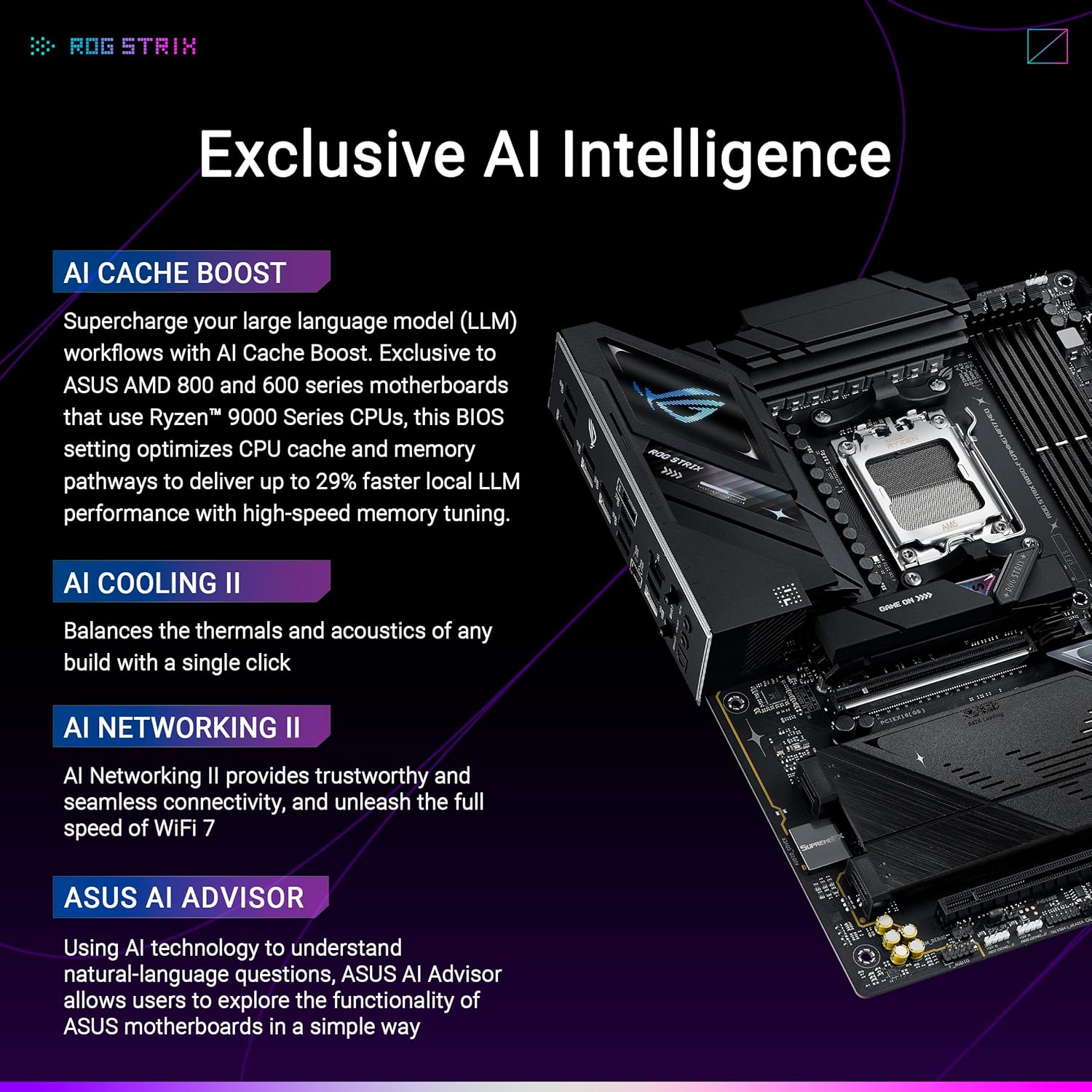 ASUS ROG Strix B850-F GAMING WIFI7 NEO, AMD ATX motherboard, 16+2+2 power stages, DDR5 slots, four M.2 slots, PCIe? 5.0, three USB 2.0 headers, USB 20Gbps Type-C?, WiFi 7, Realtek 5G and Aura Sync RGB