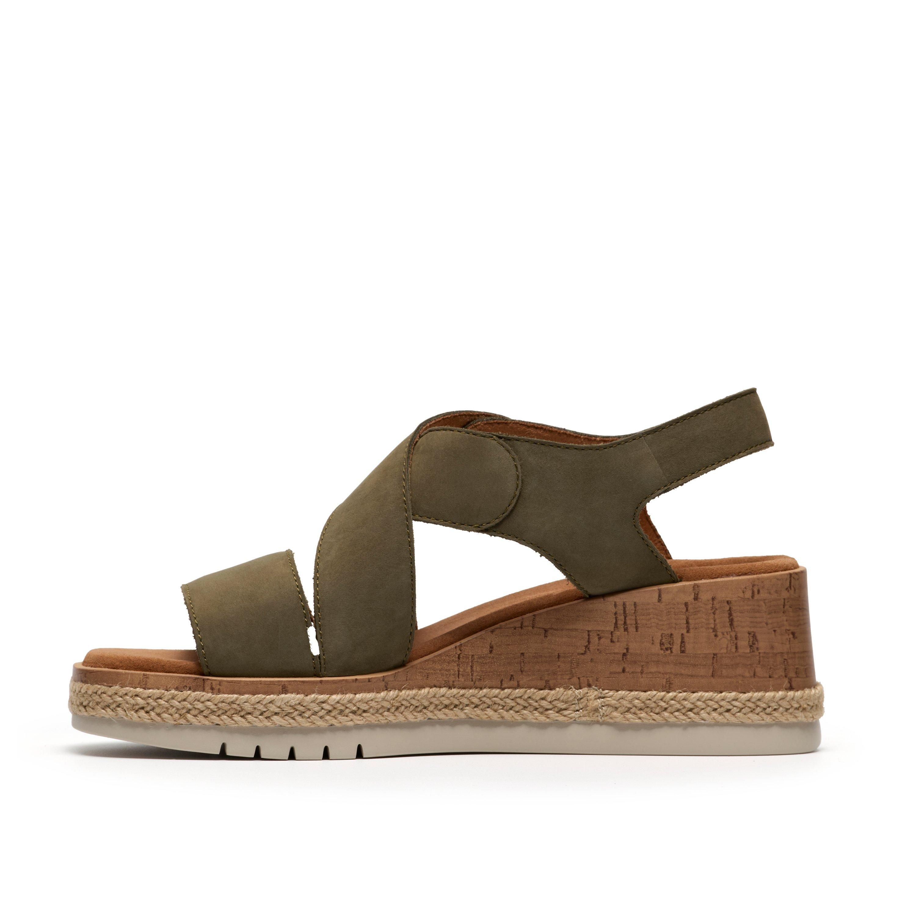 Clarks Kidiki Sun Dark Olive Nubuck Wedge Sandals