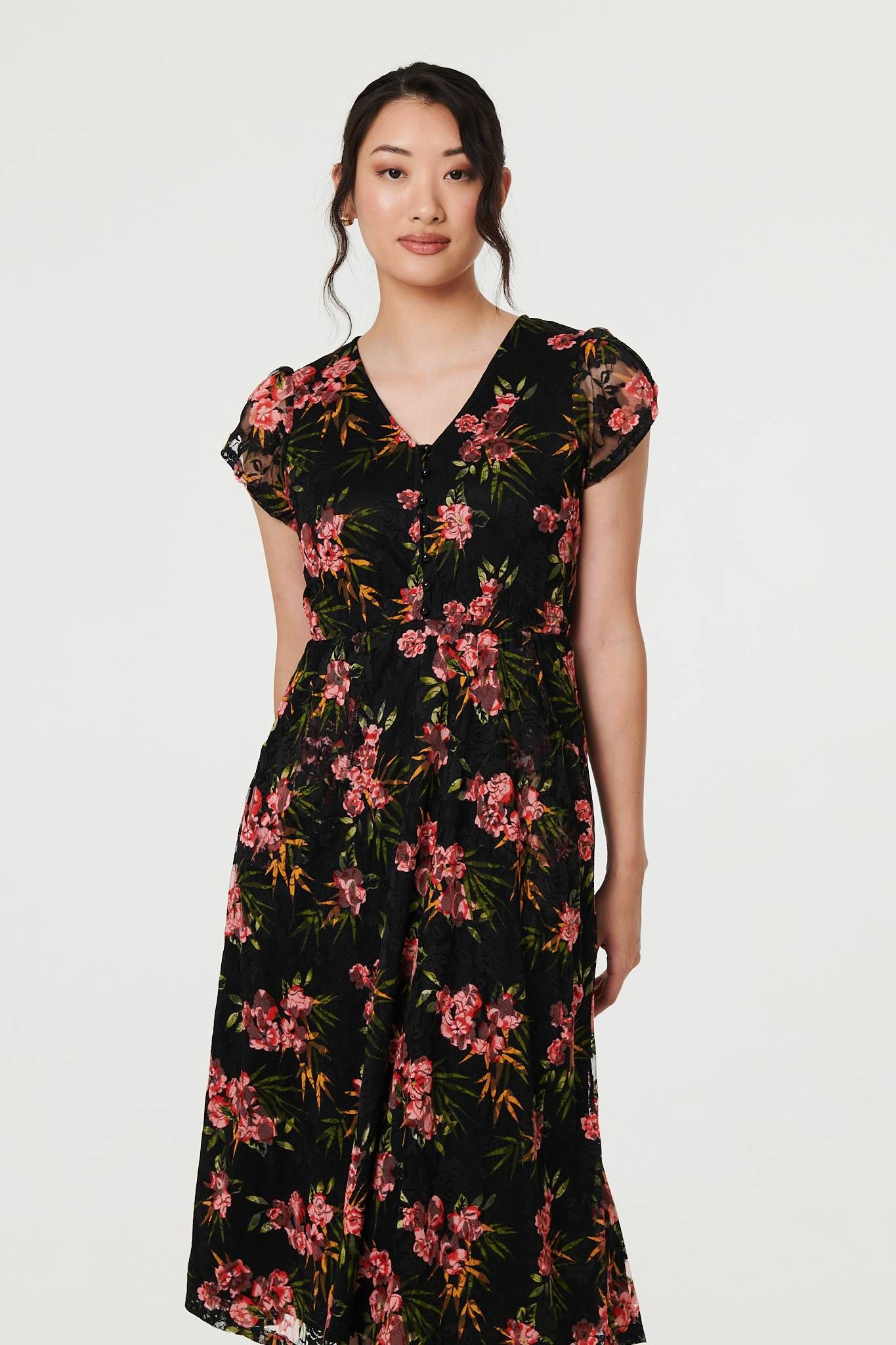 Izabel London Floral Cap Sleeve Shirred Midi Dress
