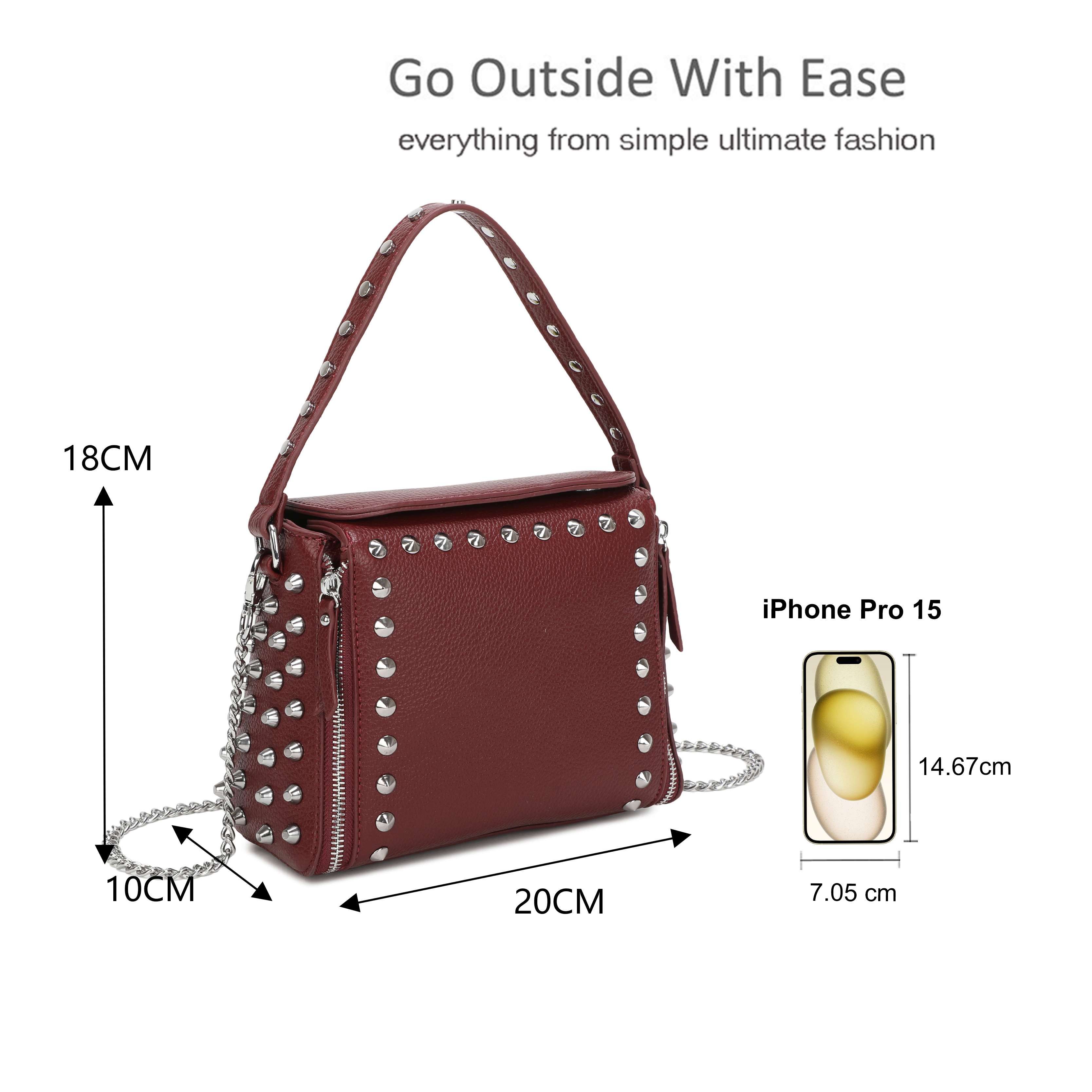 Kitise Flap Zip Closure Studded Crossbody Handbag