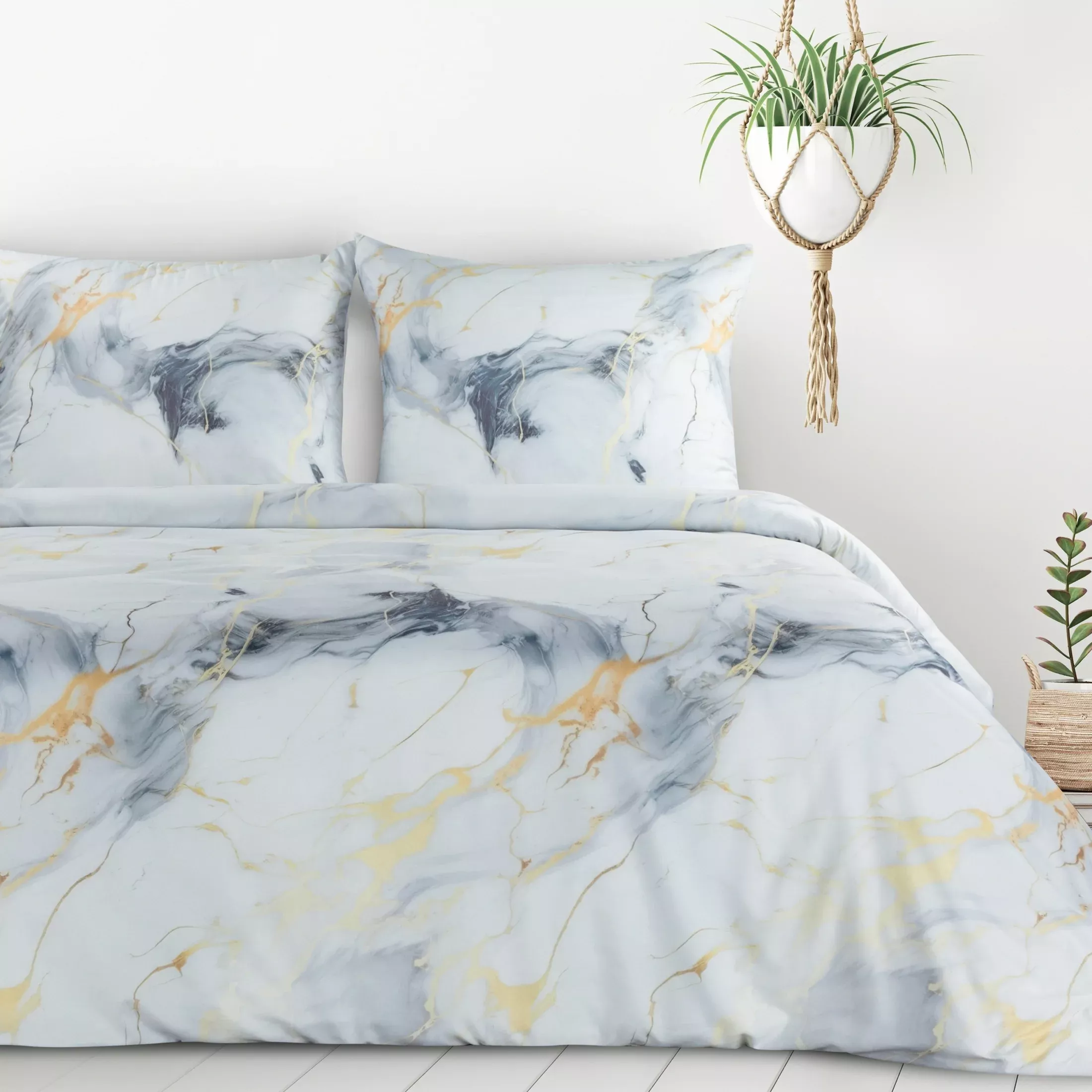 Pościel 220x200 cm komplet 3 częściowy kolor biały, stalowy z motywem marmurku VERANO 12 Design 91