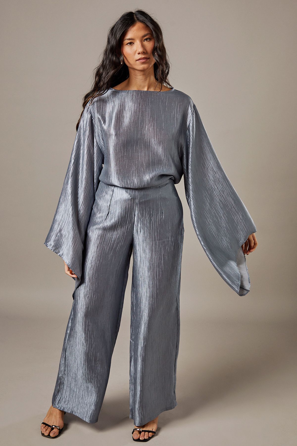 Warehouse Crinkle Satin Waterfall Sleeve Top