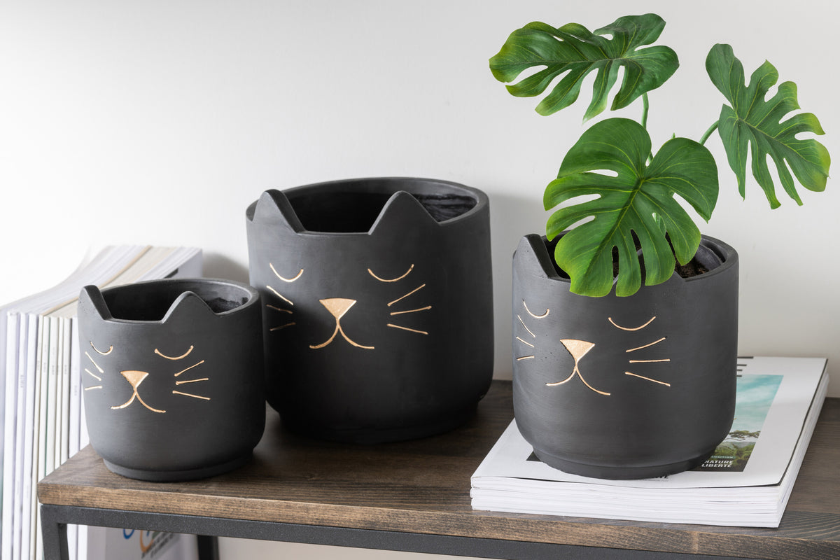 J-Line bloempot Kat - keramiek - zwart/goud - medium - Ø 16 cm