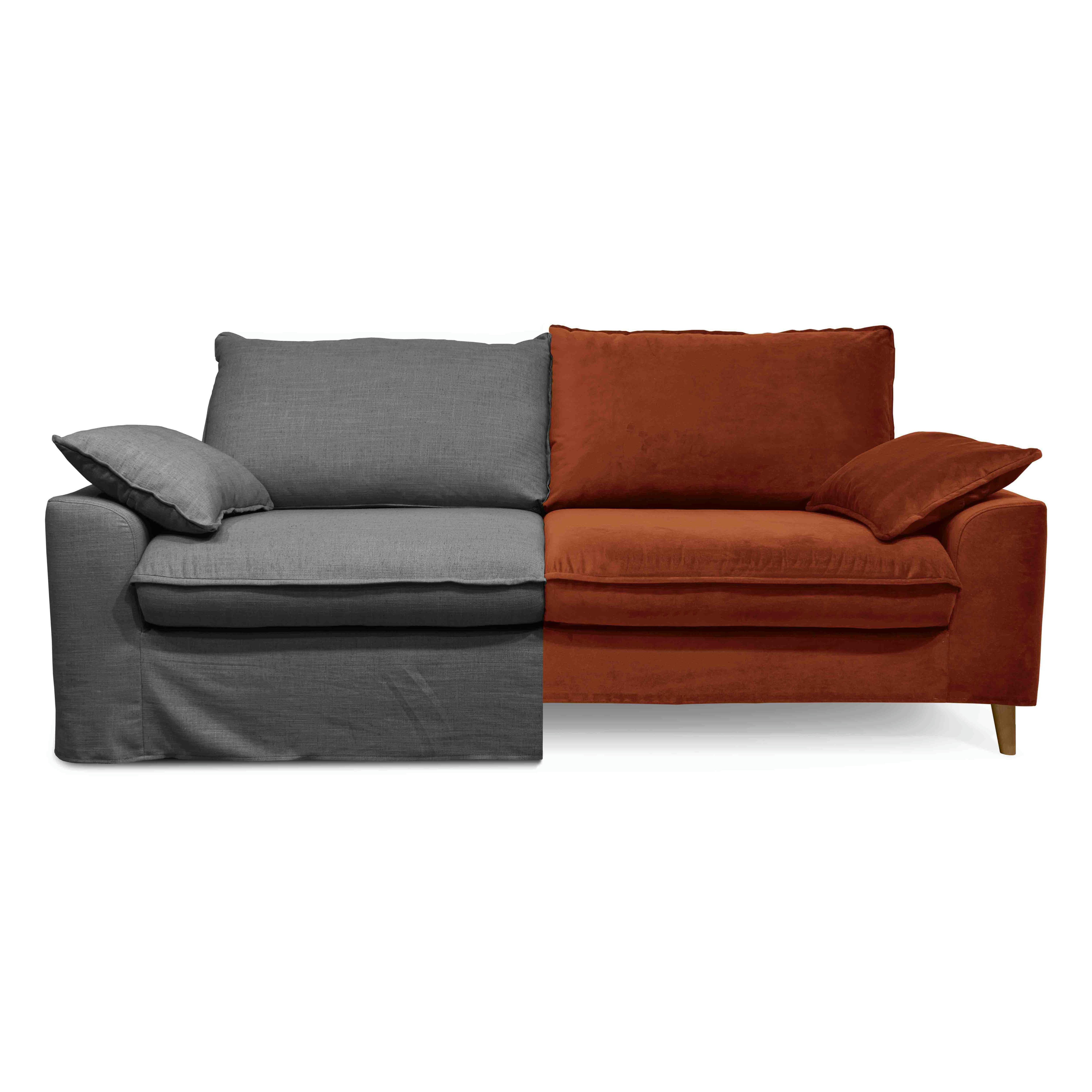 JAROD - Canapé tissu lin gris avec une housse supplémentaire velours noisette