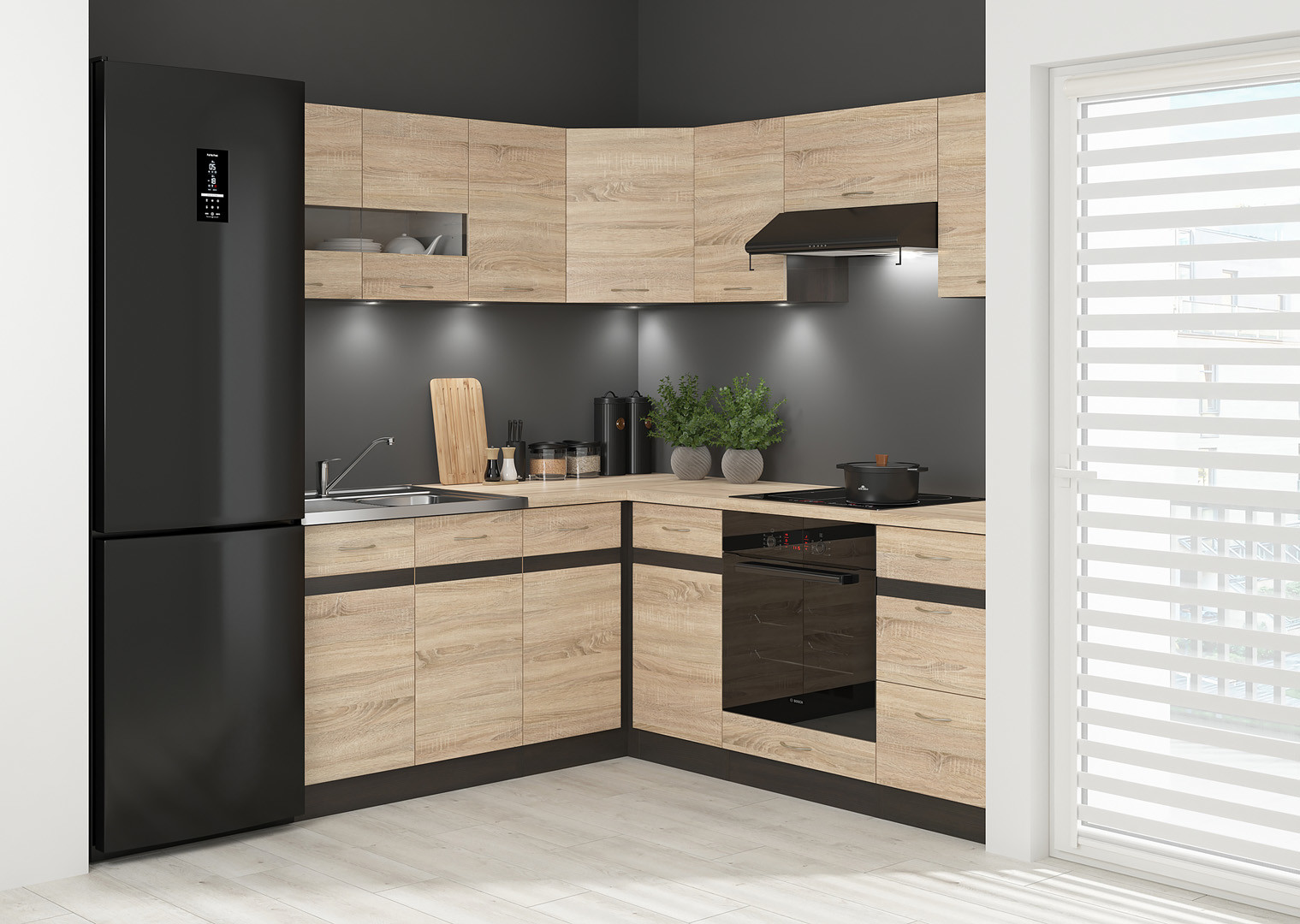 Komplet kuchenny narożny Junona Line 180x200 prawy dąb sonoma z blatem