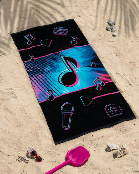 Ręcznik plażowy 70x140 Nutki Świat muzyki czarny niebieski róż