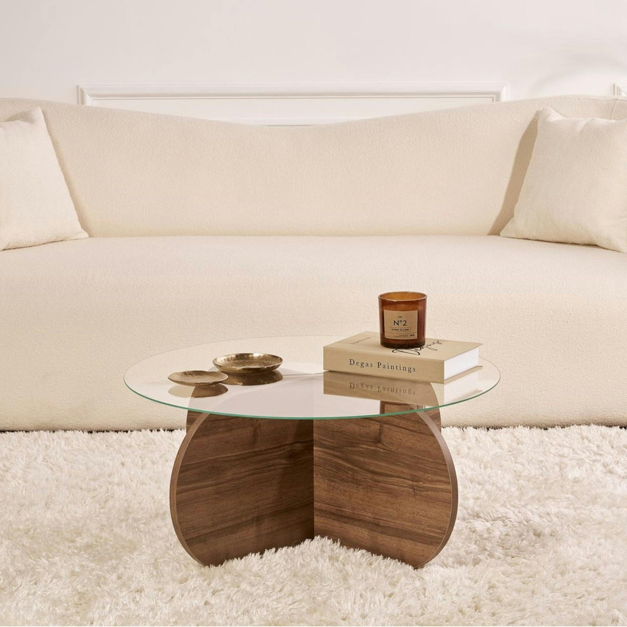 Table basse en verre - pied en croix effet noyer SALTA