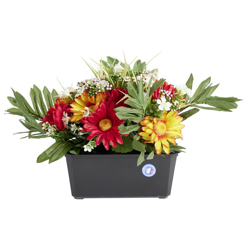 Composition florale artificielle gerbera rouge jaune jardinière L34xH28cm