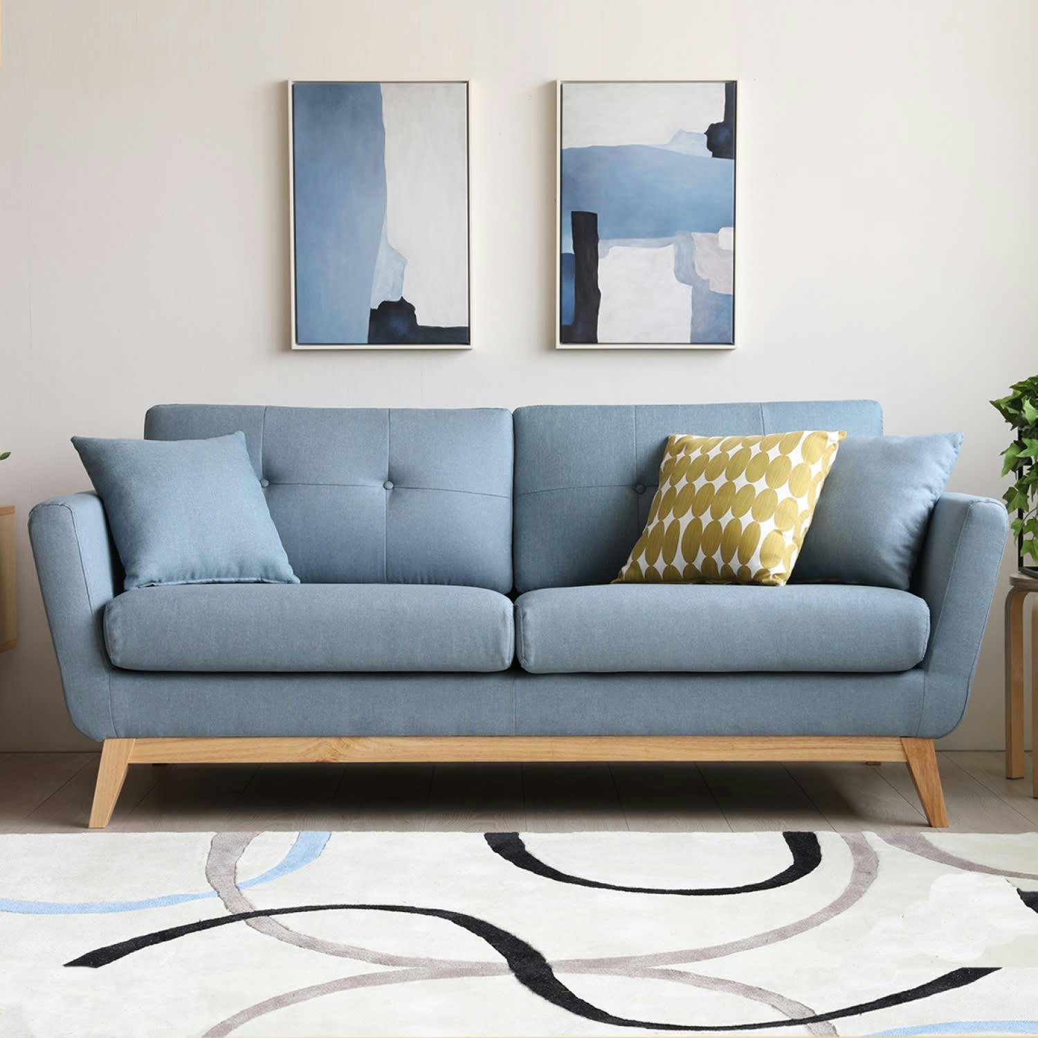 HOGA - Canapé 3 places en tissu bleu pastel