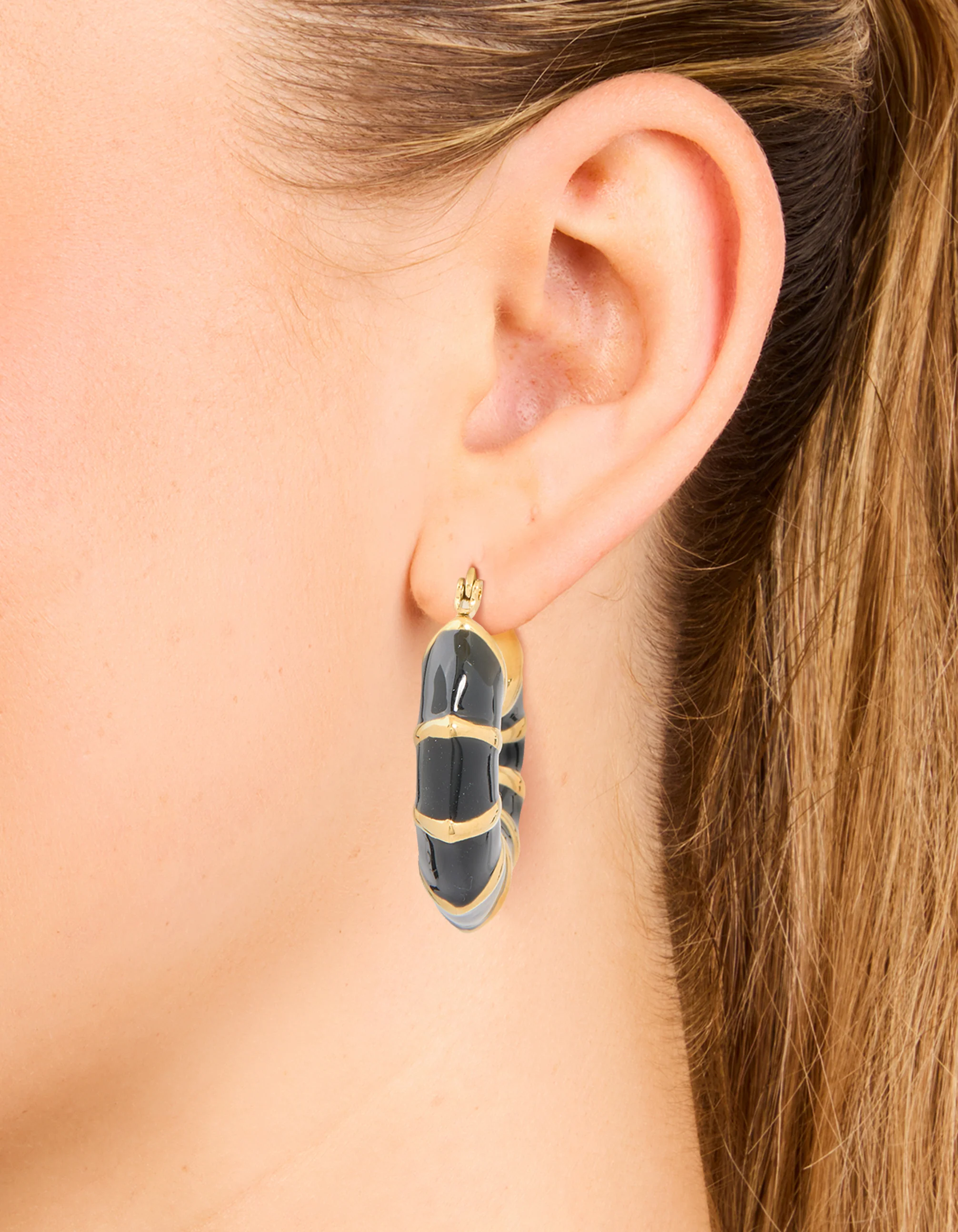 Waterproof Gold Plated Stainless Steel Black Enamel Bamboo Hoop Earrings