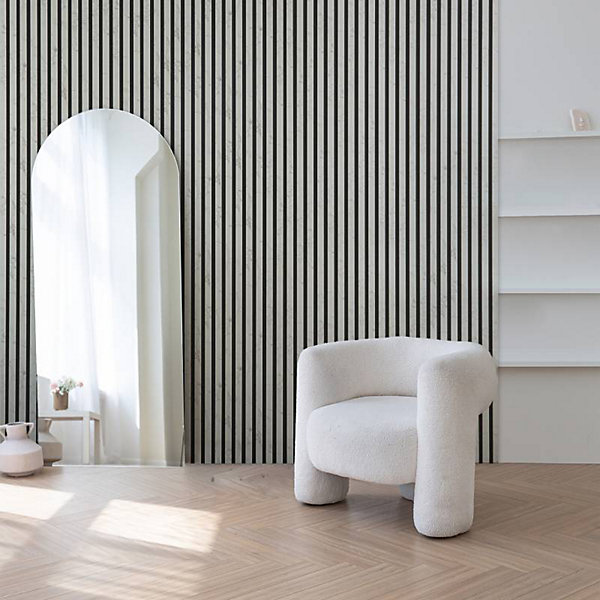 Panneau mural acoustique tasseaux bois 250 x 30 x 1,9 cm - décor marbre blanc/feutrine noir - 0,75m²