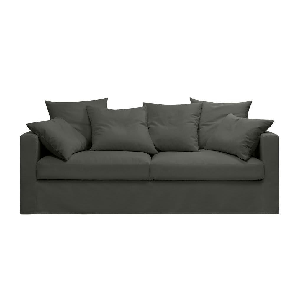 LARIA - Canapé 4 places fixe en tissu coton anthracite - LARIA
