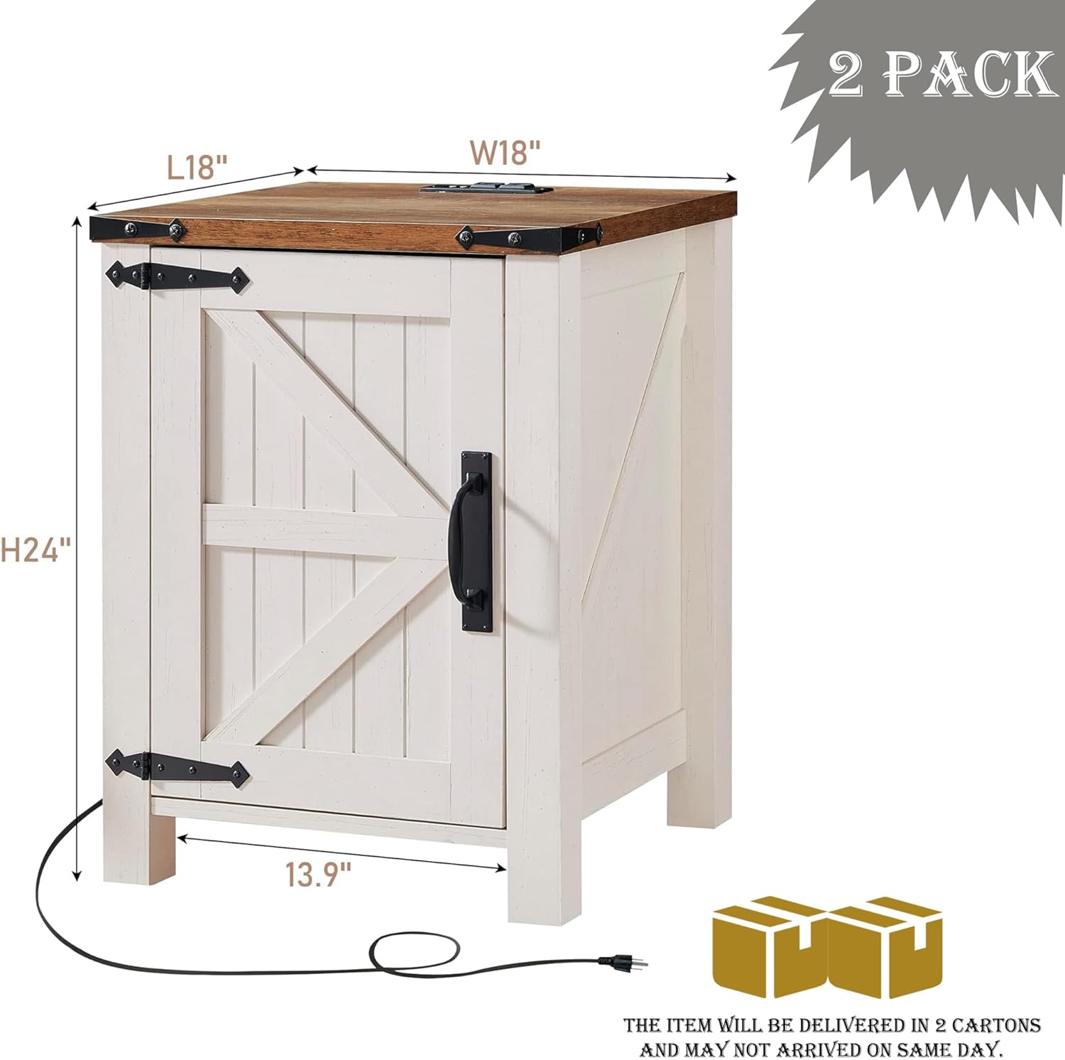 OKD Farmhouse Nightstand Set of 2 with Charging Station, 18 Inch Rustic End Table with Barn Door Cabinet, Adjustable Storage Shelf, Wood Sofa Side Table for Living Room, Bedroom, Antique White