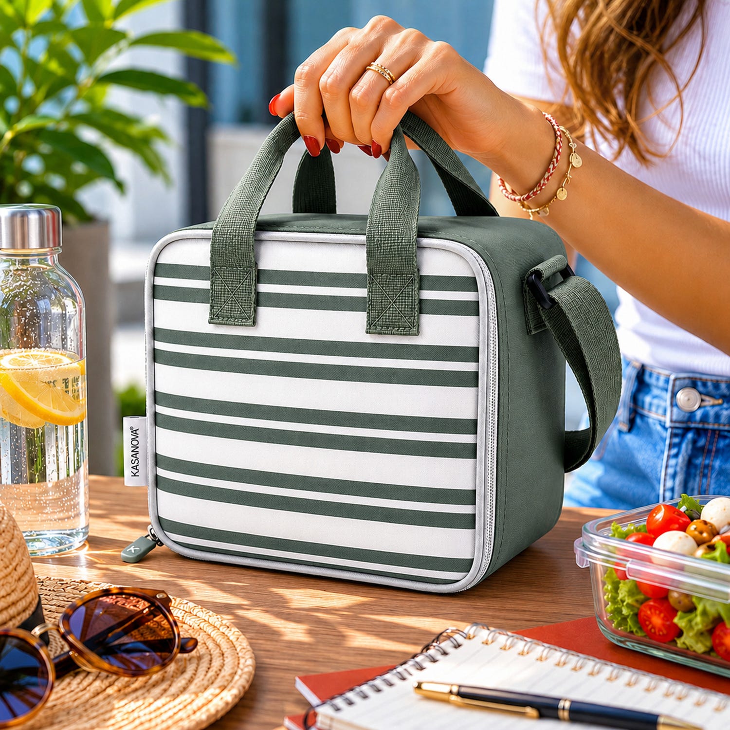 Borsa termica 8 L con tracolla e manici righe verde