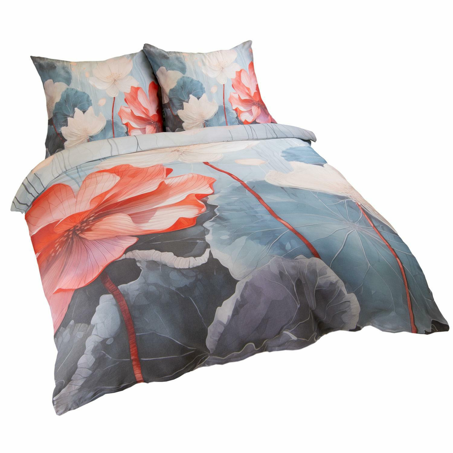 Pościel satynowa 160x200 Kwiaty niebieska SATYNLOVE PREMIUM