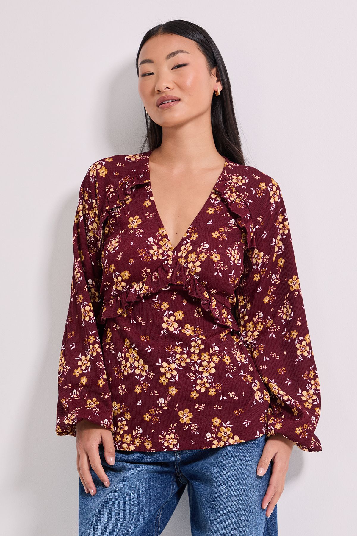 Dorothy Perkins Petite Yellow Floral Empire Seam Frill Detail Printed Jersey Top