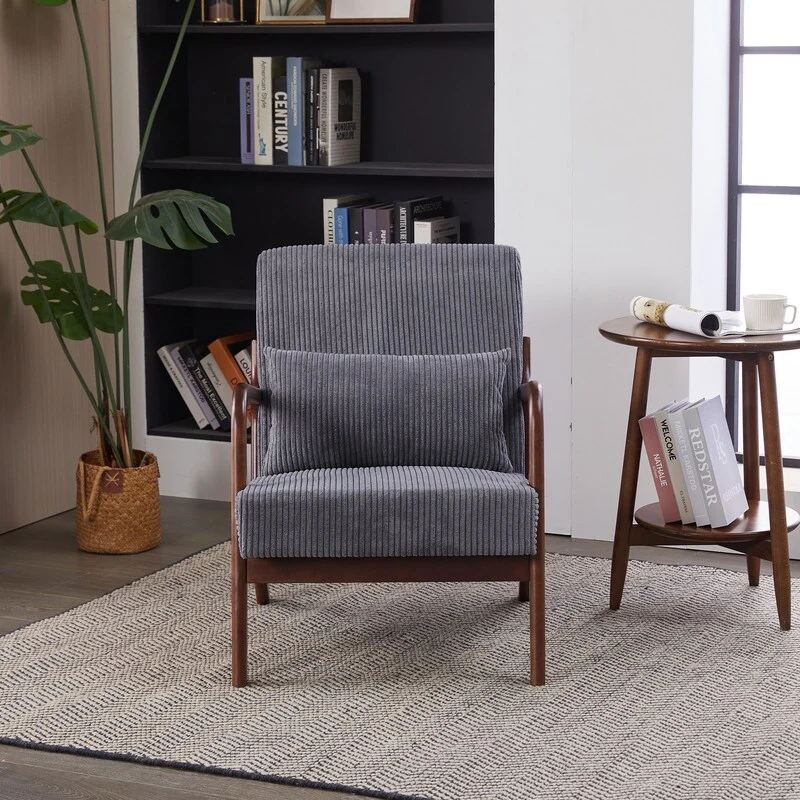 Mid-Century Modern Accent Chair – Upholstered Armchair with Pillow & Solid Wood Frame, Perfect for Living Room, Bedroom.