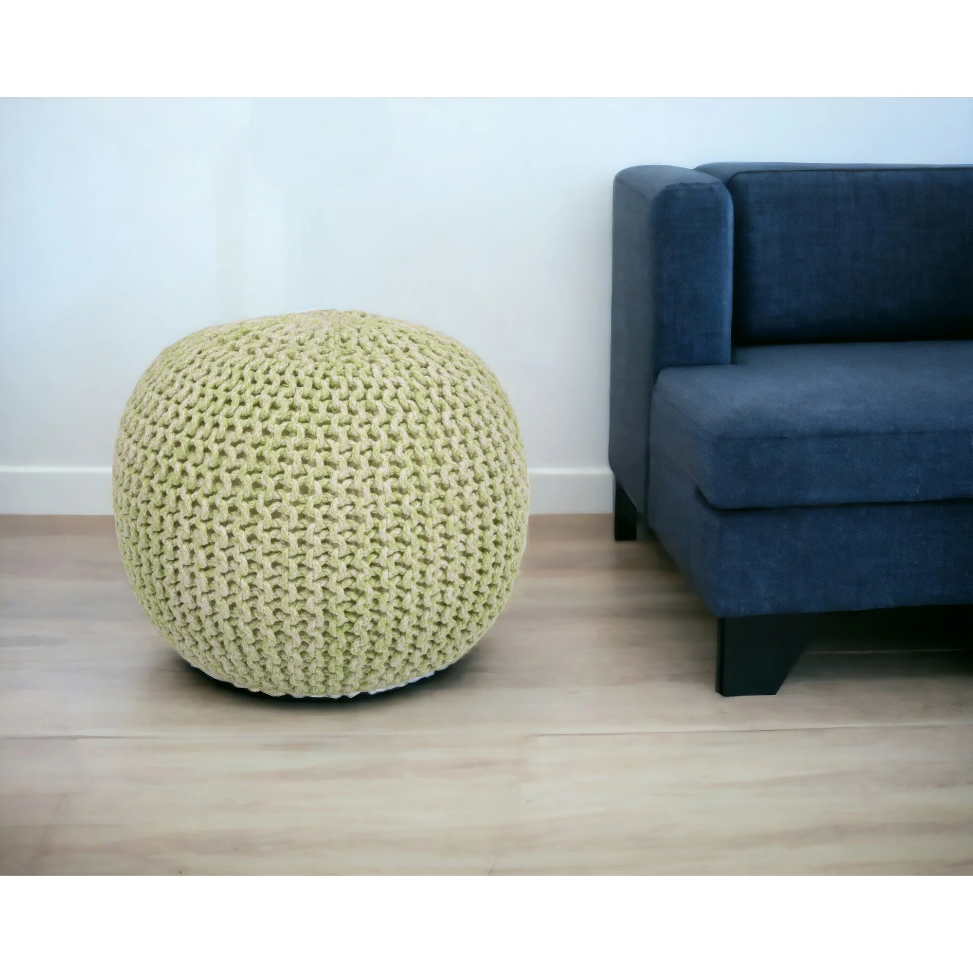 Round Green Wool Pouf Ottoman for Living Room or Bedroom Seating