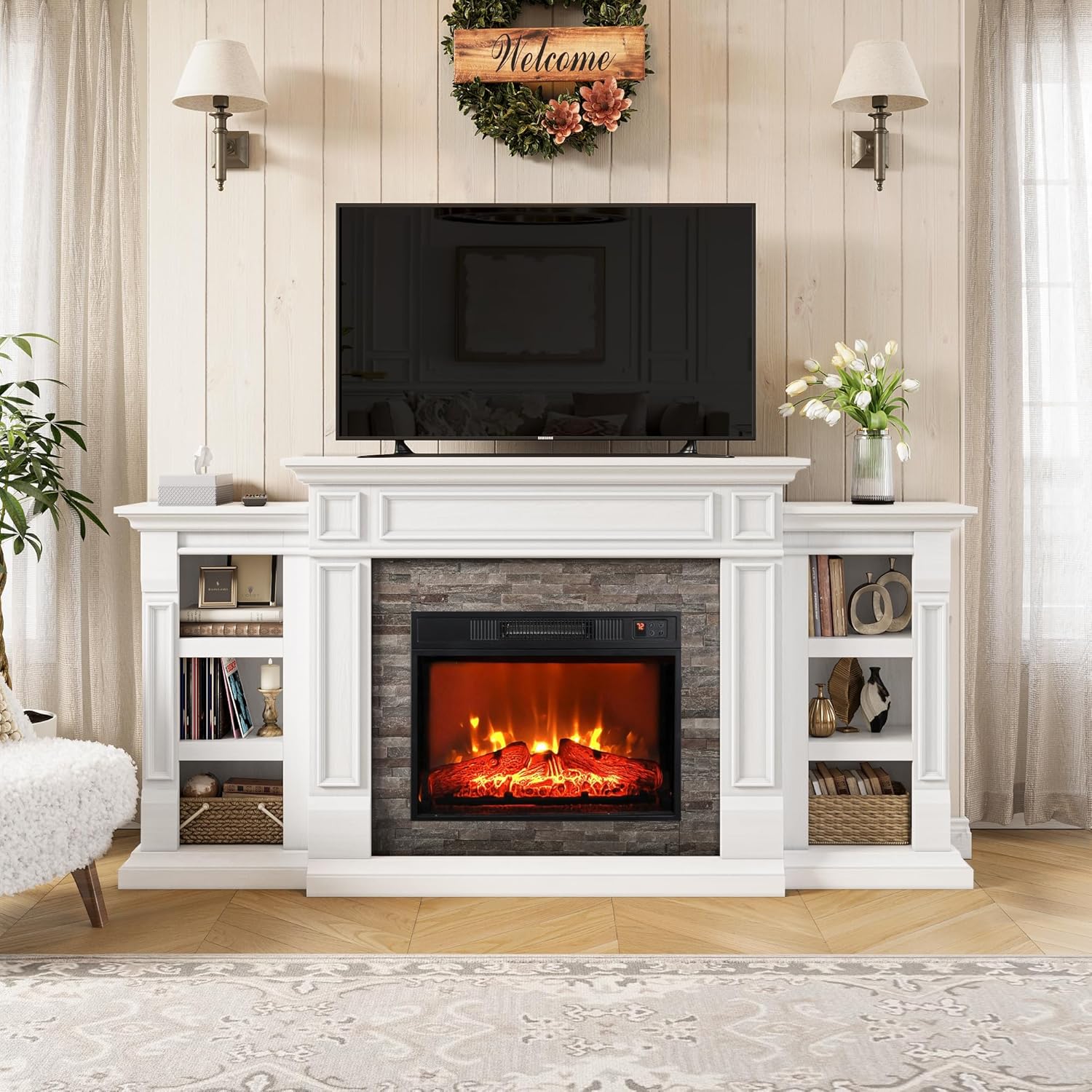 LGHM 72 Electric Fireplace with Mantel, Fireplace TV Stand for TVs Up to 80 Inch, Modern Entertainment Center with Storage, Fireplace Heater Insert with Realistic 3D Flame for Living Room, Bedroom