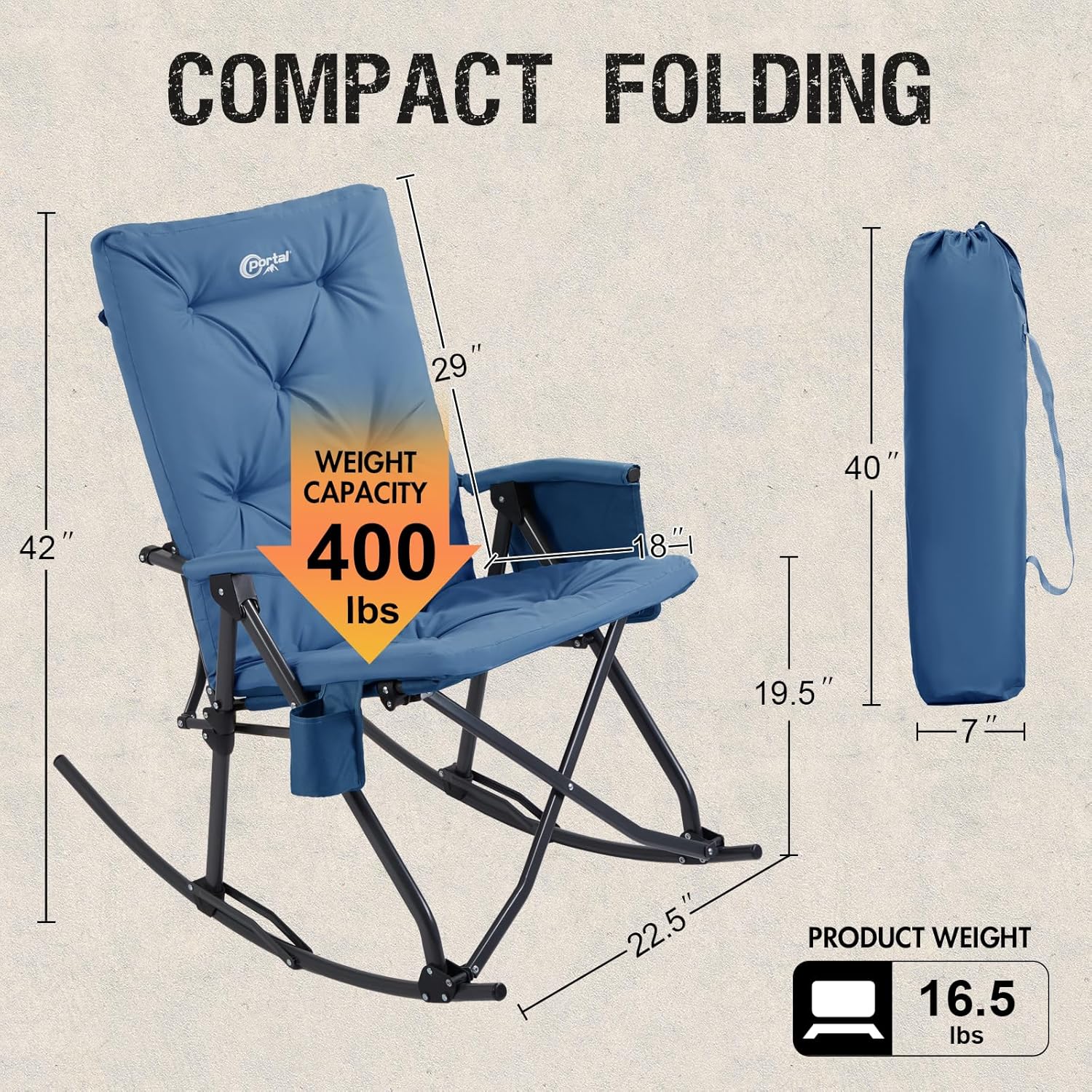 Portal Folding Rocking Camping Chair Outdoor - Thick Padded Rocking Recliner Chair Portable Camping Rocker for Patio Front Porch Backyard Lawn Living Room, Supports 400 LBS