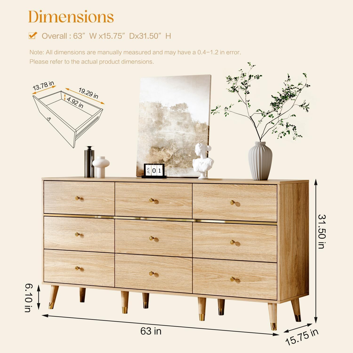 9 Drawer Dresser,63 Wide Mid Century Modern Chest of Drawers,Wooden Bedroom Drawer Dresser with 9 Storage Drawers for Bedroom, Living Room,with Anti-Tipping Device,Natural