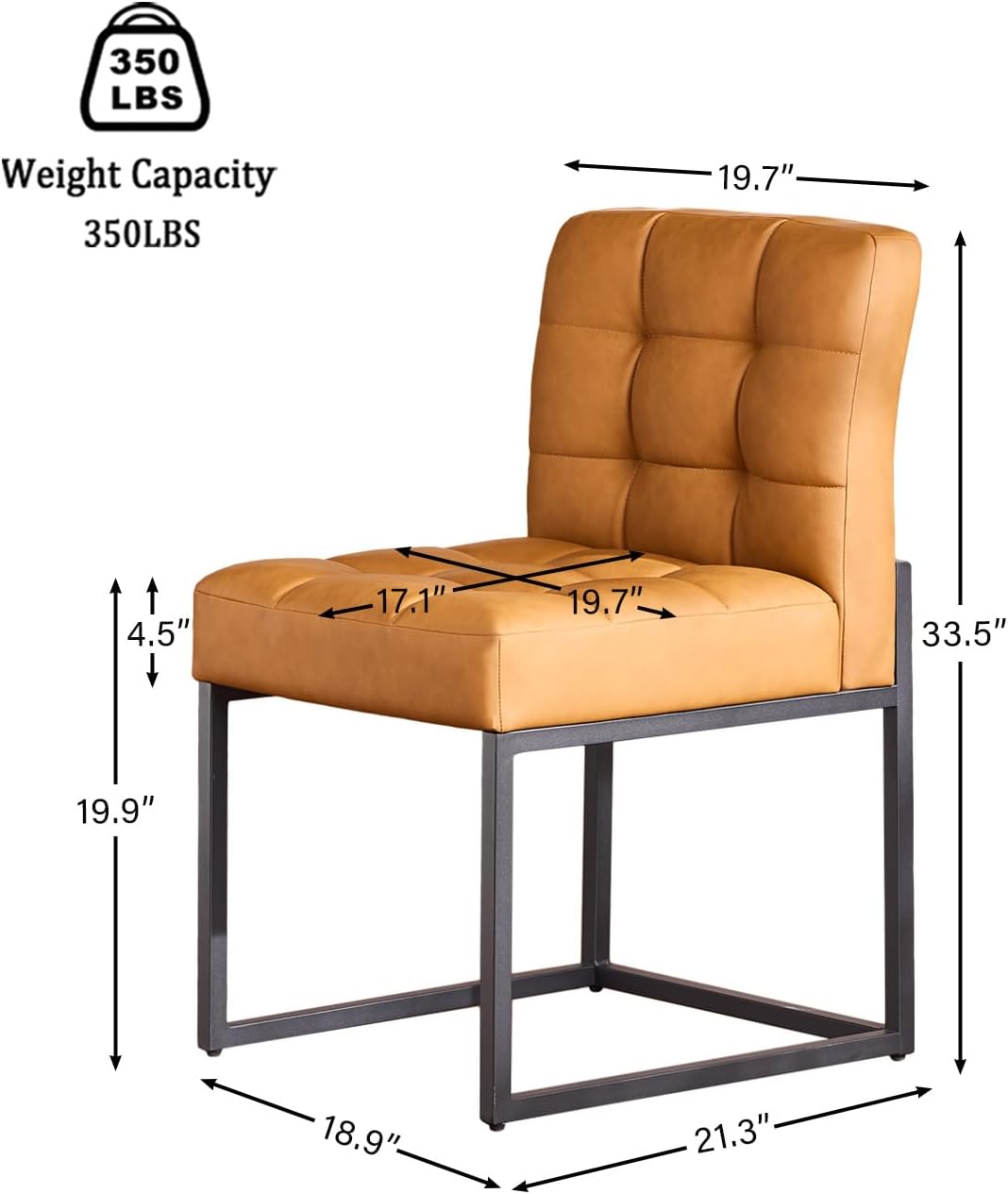 Brown Faux Leather Dining Chairs Set of 2, Mid-Century Modern Dining Room Chairs with Armless, Checkered Kitchen Chair with Metal Legs