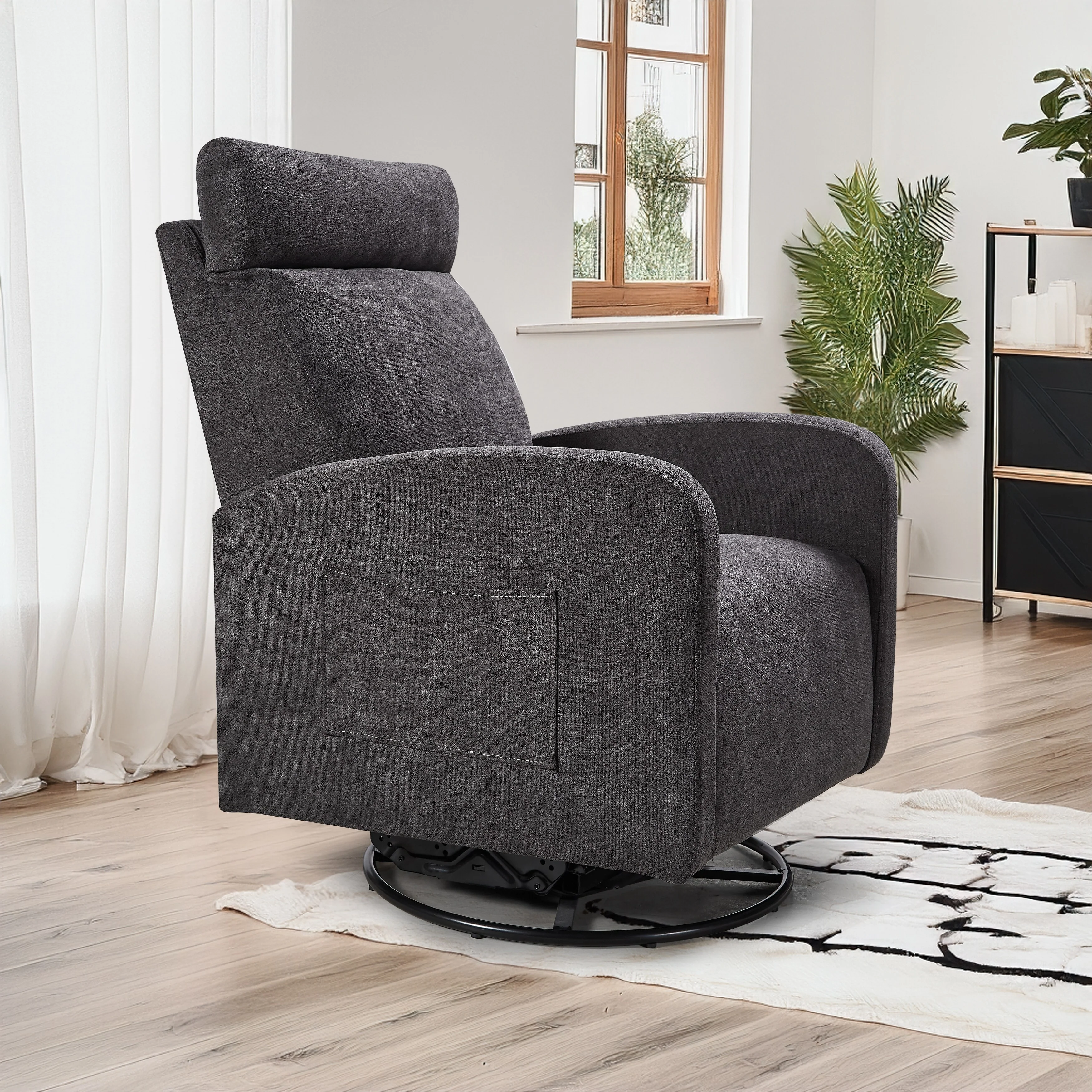 Chenille Upholstered 360° Swivel Glider Rocker Manual Recliner with Thick Cushion and Side Pockets