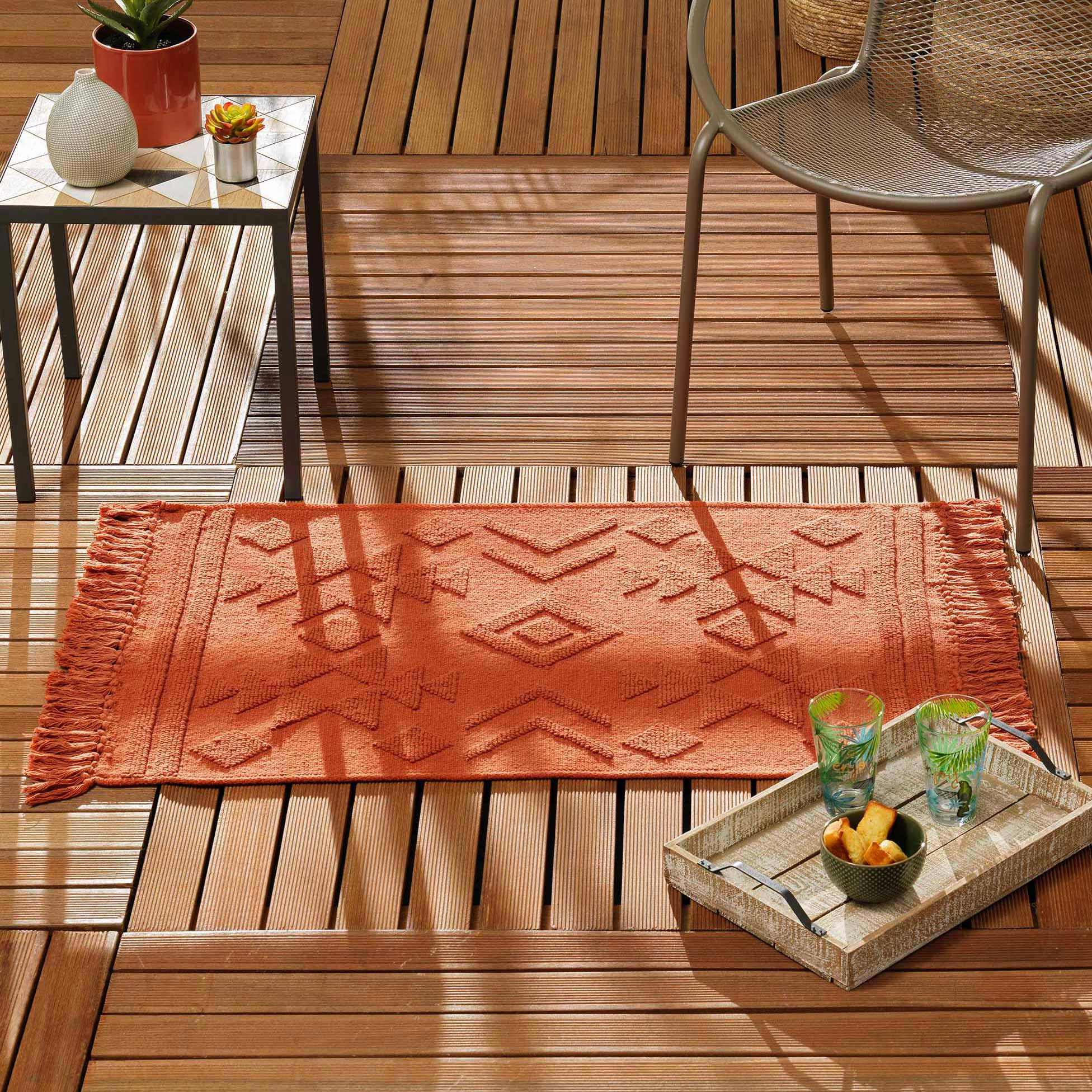 CILAOS - Tapis ethno bohème à franges coton terracotta 90x60cm