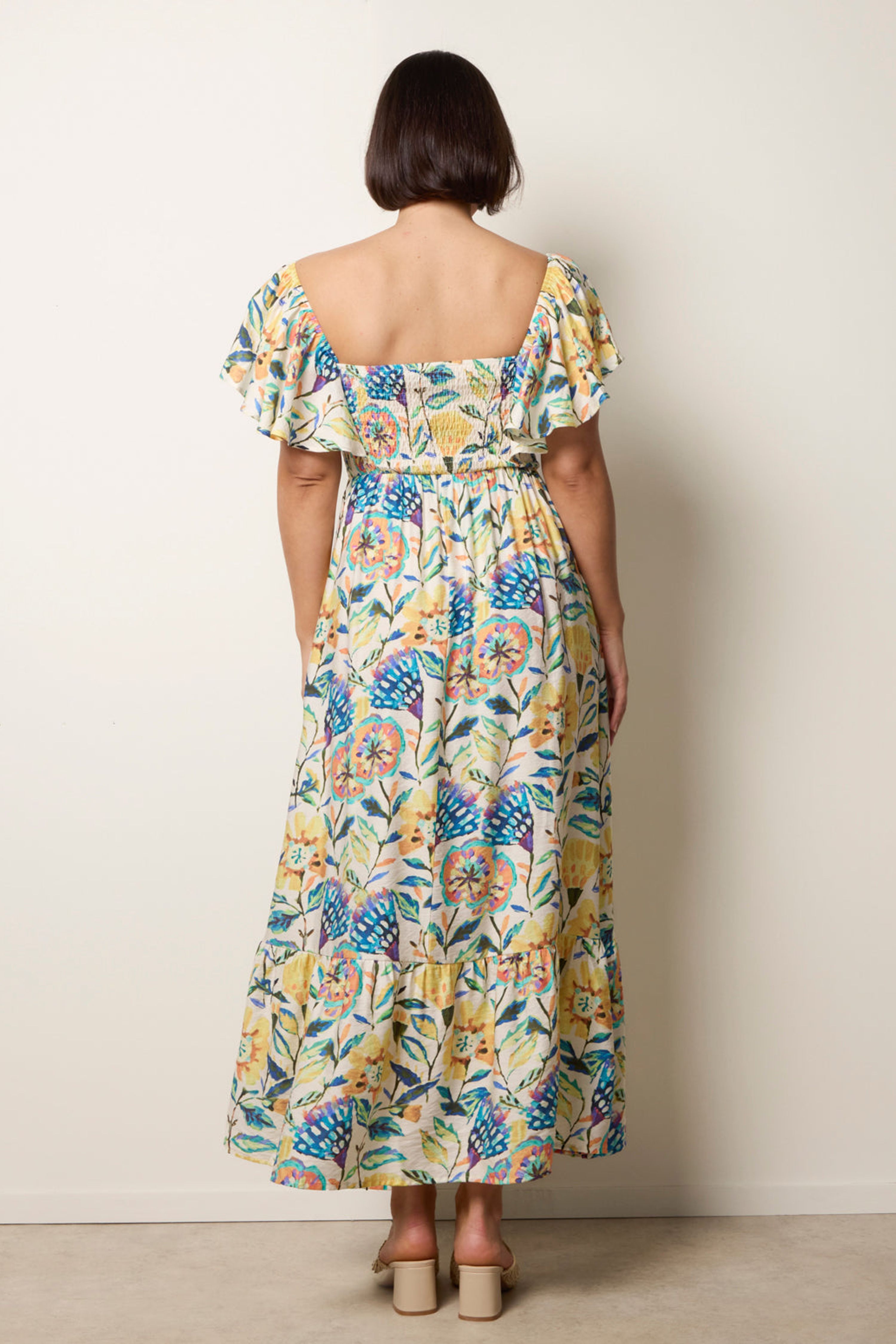 Blue Vanilla Multi Frill Sleeveless Tropical Floral Print Dress