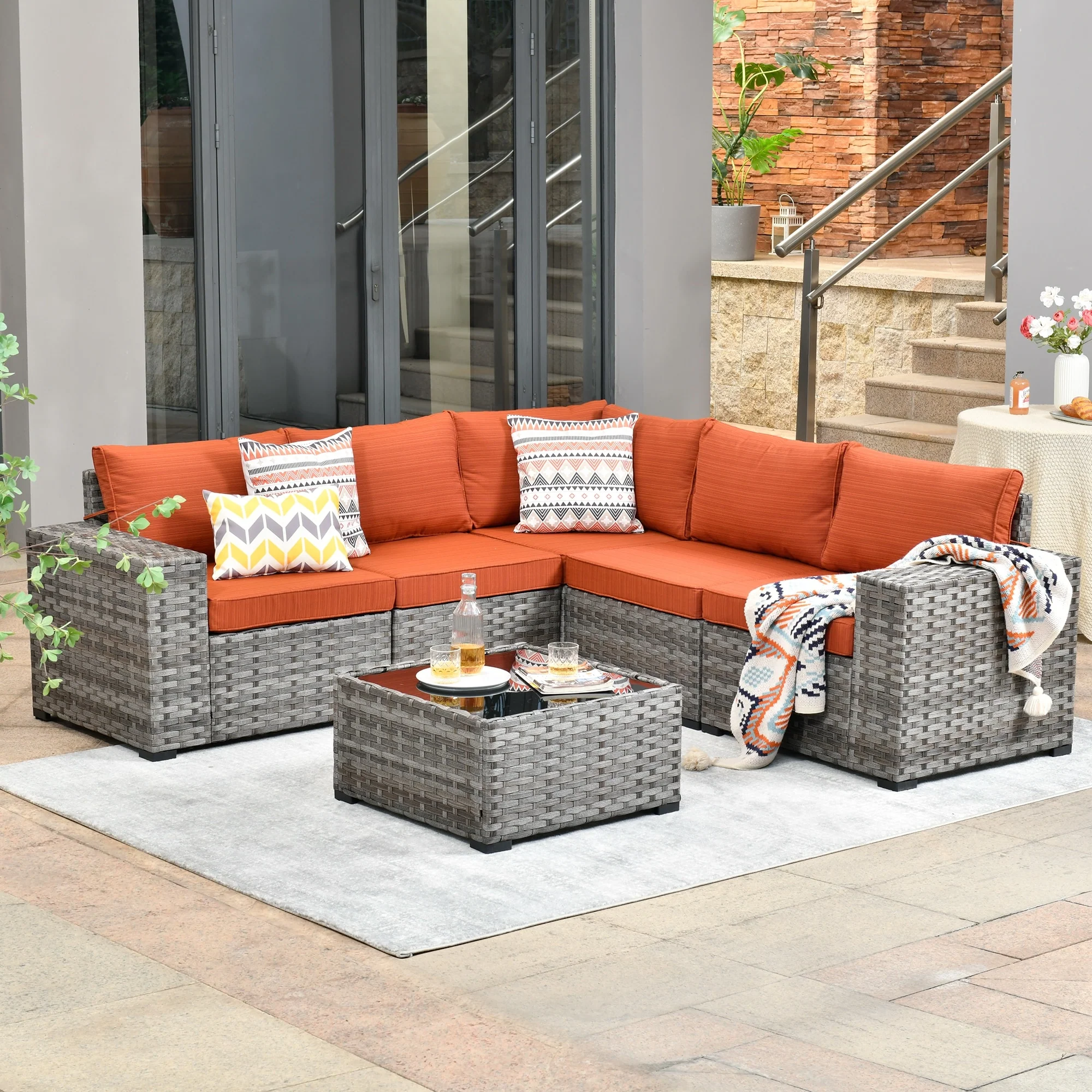 OVIOS Patio Wicker Furniture Wide Arm 6-piece Set with Table