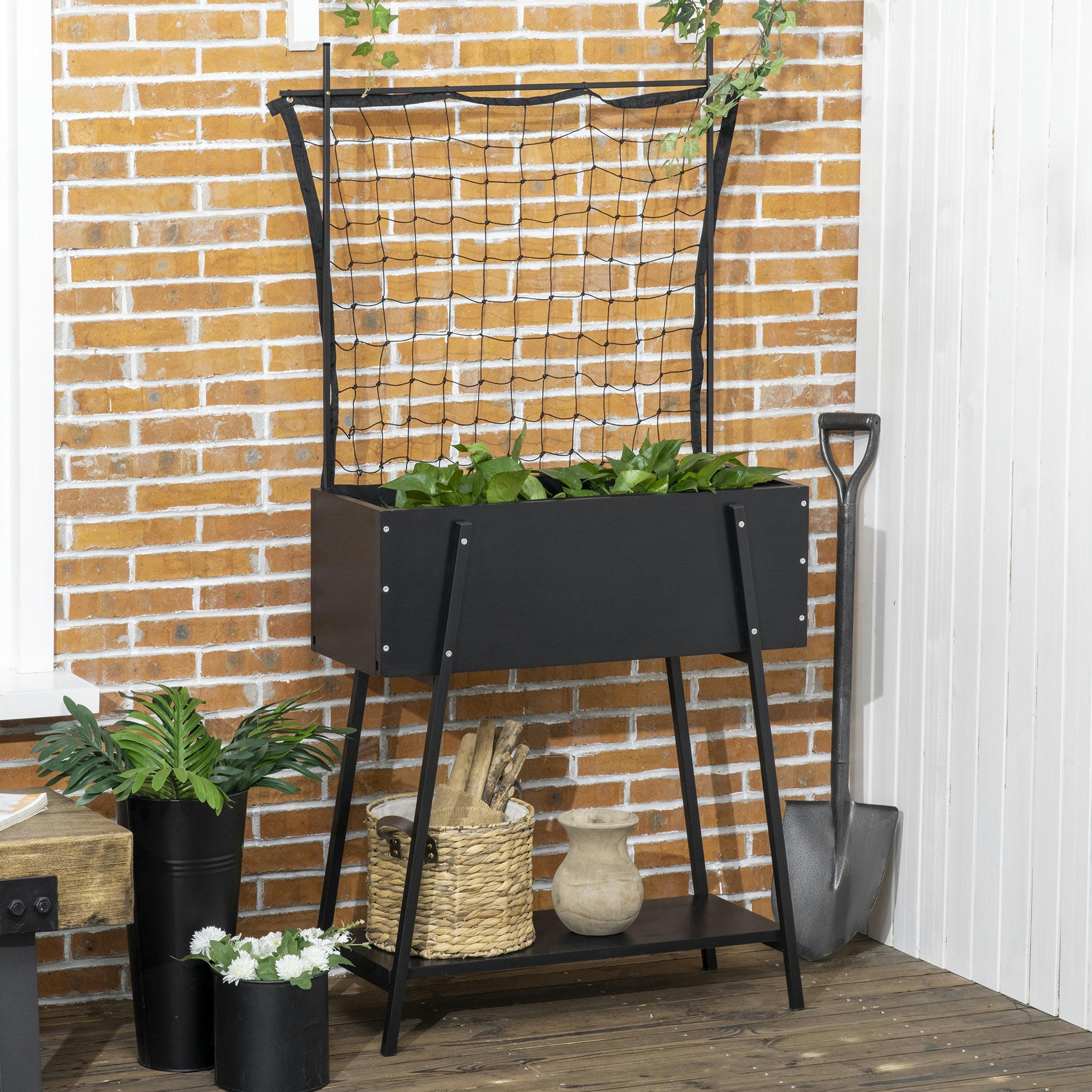 - Jardinière sur pied avec treillis filet étagère métal sapin noir