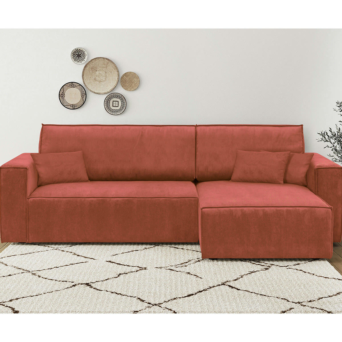 LIVIA NEW - Canapé d'angle convertible 4 places en velours fines côtes terracotta