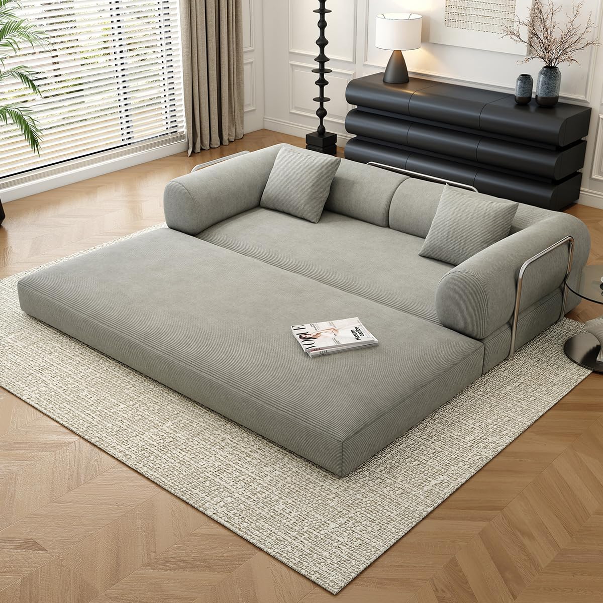 78.8 Modular Sofa Bed - 4-in-1 Convertible Design with Corduroy Fabric and High Density Sponge, Removable Cover and Fixed Frame