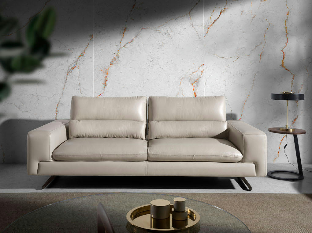 - Canapé 3 places cuir gris et acier noir