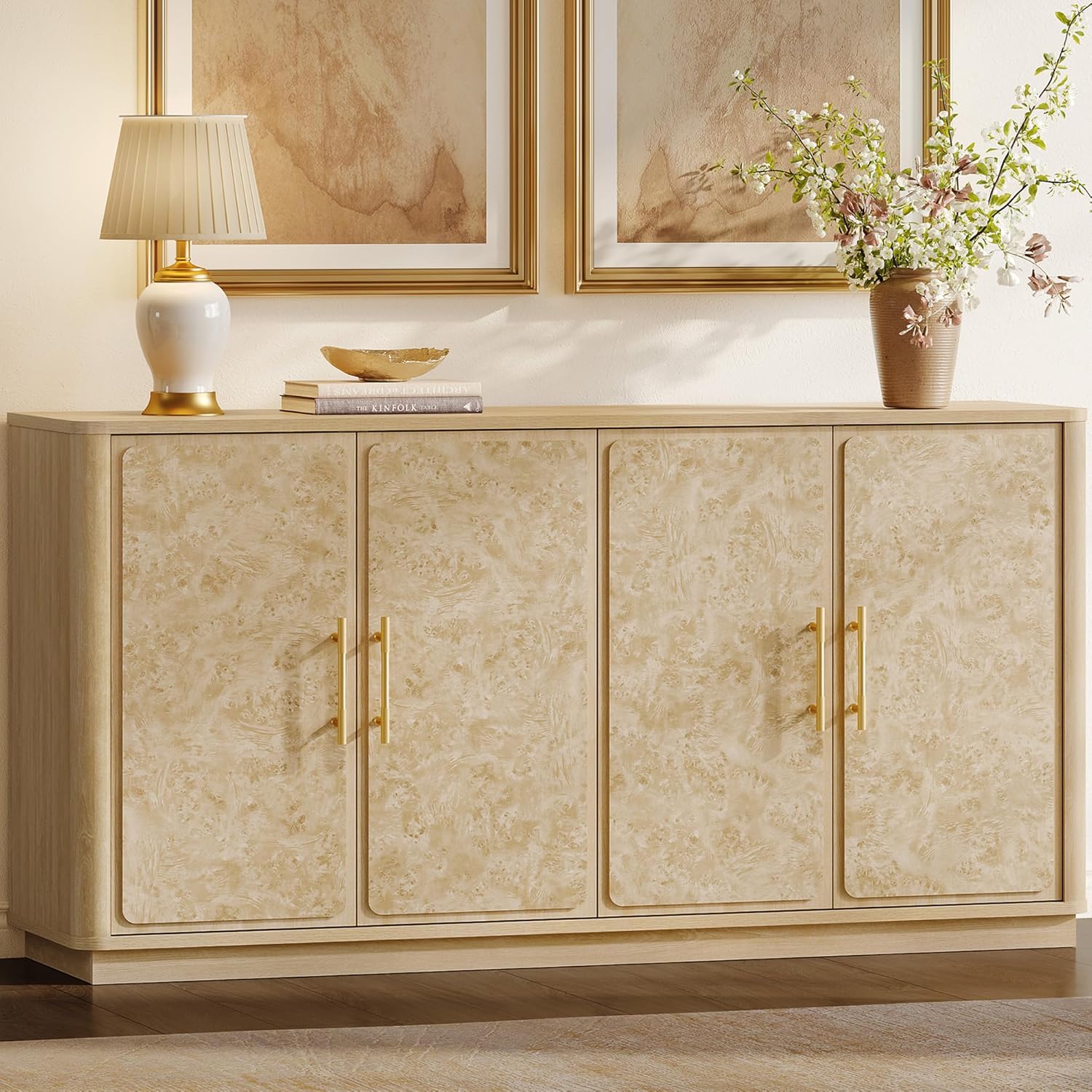 SICOTAS Buffet Cabinet with Storage - 59 Burl Sideboard Cabinet with 4 Doors Luxury Storage Cabinet Accent Credenza Large Media Console Table for Living Room Dining Room Entryway Kitchen
