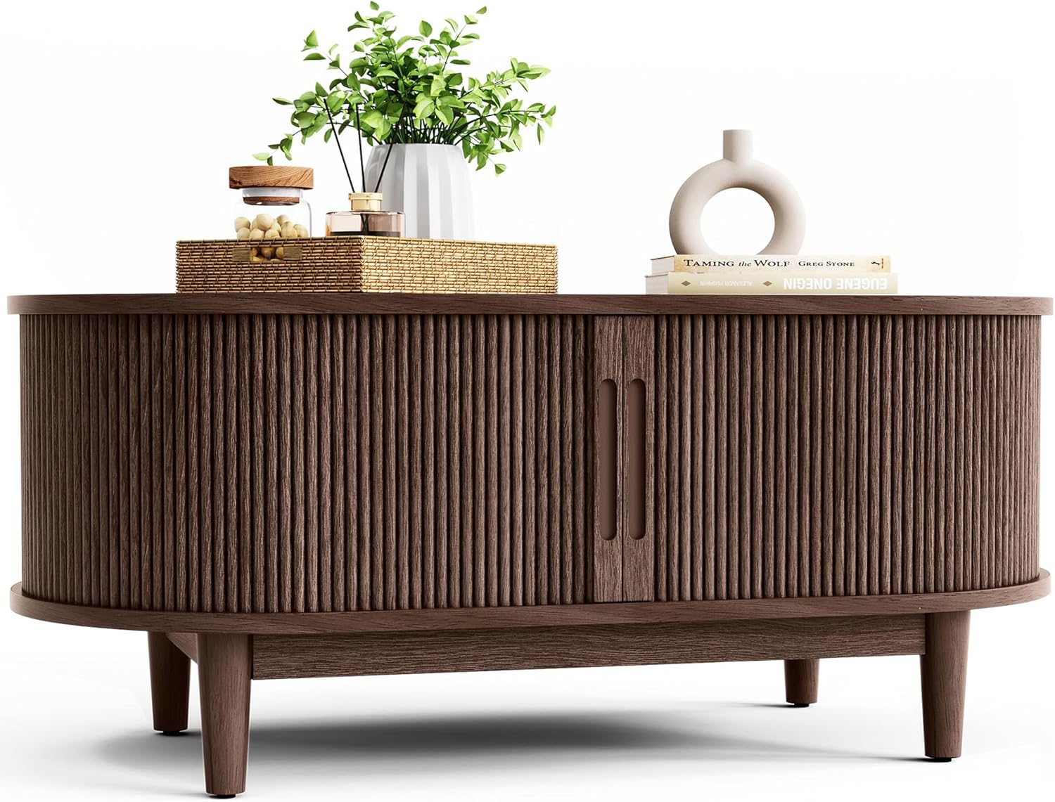LINSY HOME Oval Coffee Table, Wood Coffee Table with Storage, Fluted Accent Center Table with Sliding Tambour Door, 39 Mid Century Modern Coffee Tables for Living Room, Bedroom, Apartment, Walnut