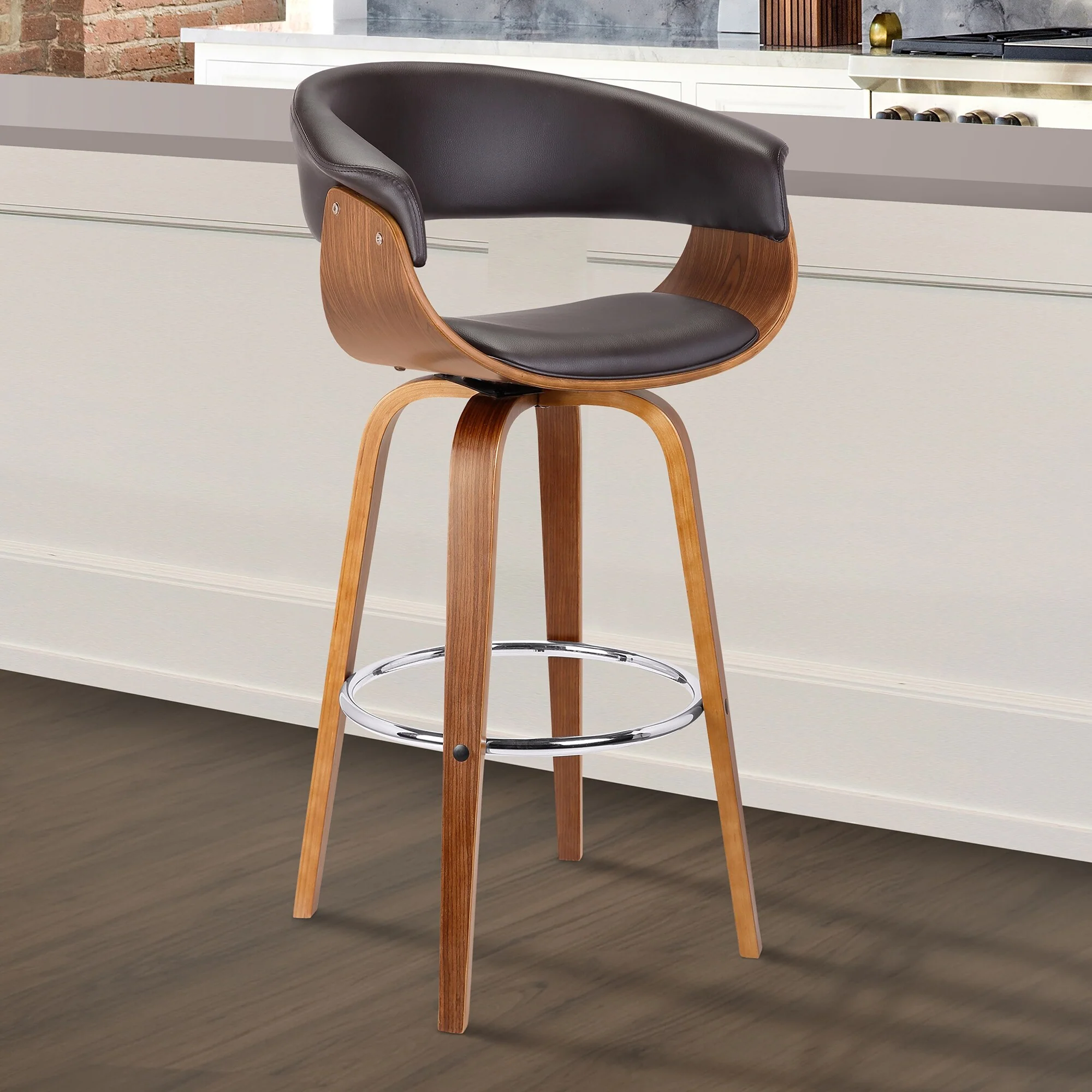 Julyssa Mid-Century Modern Faux Leather and Wood Swivel Bar or Counter Stool