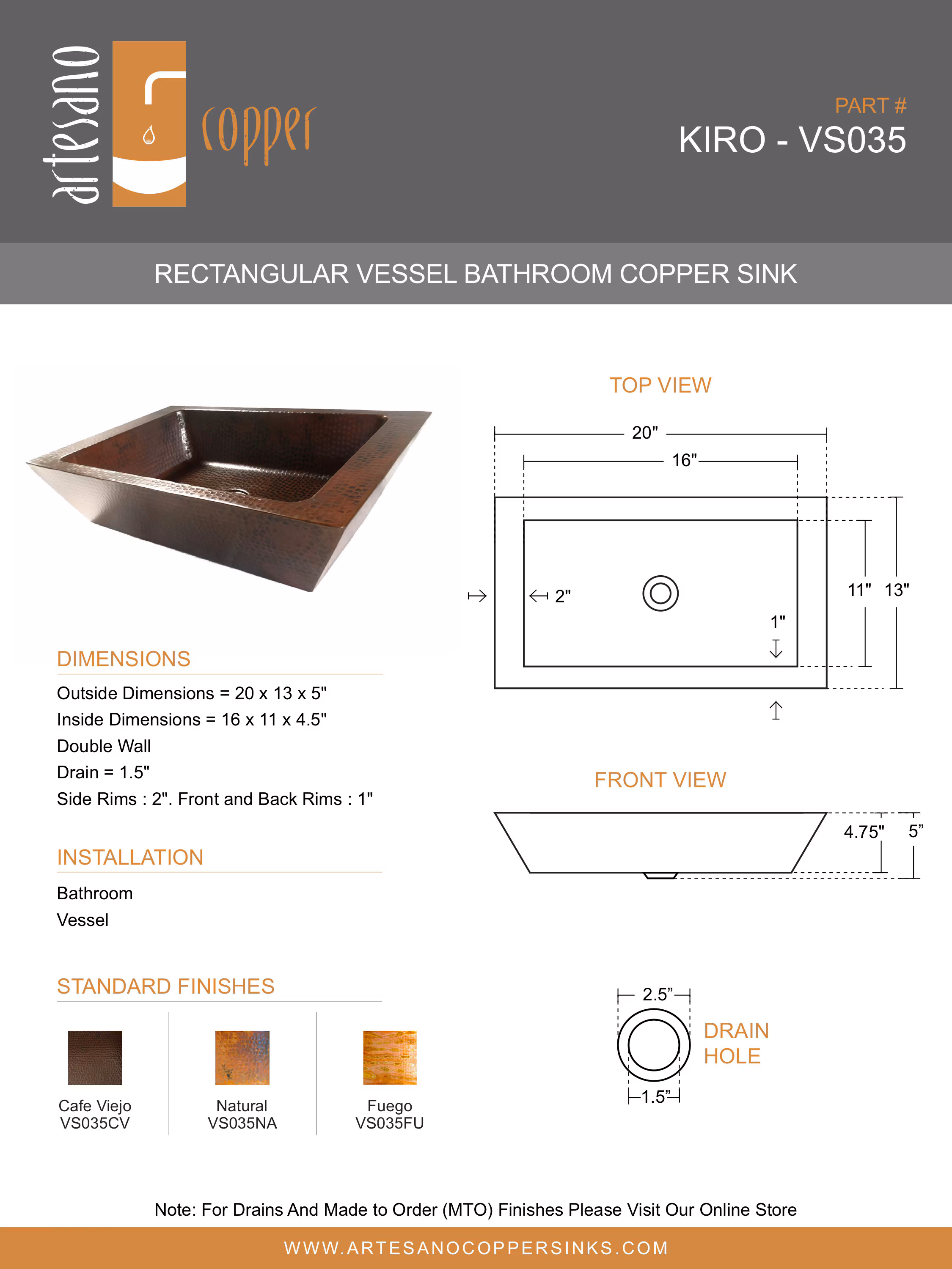 KIRO in Natural - Rectangular Vessel Bathroom Copper Sink - 20 x 13 x 5