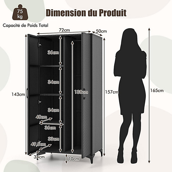 Armoire Penderie en Osier avec 4 Cubes de Rangement Tige de Suspension Conception en Rotin PE Armoire de Rangement Noir