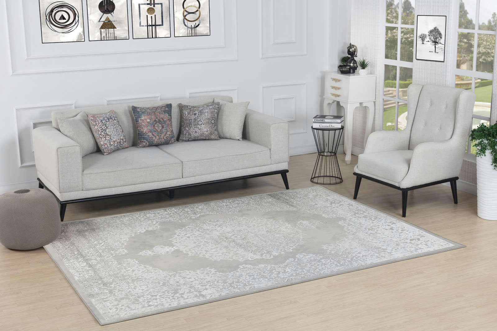 DEFNE - Tapis Vintage Oriental Blanc/Gris 120x170