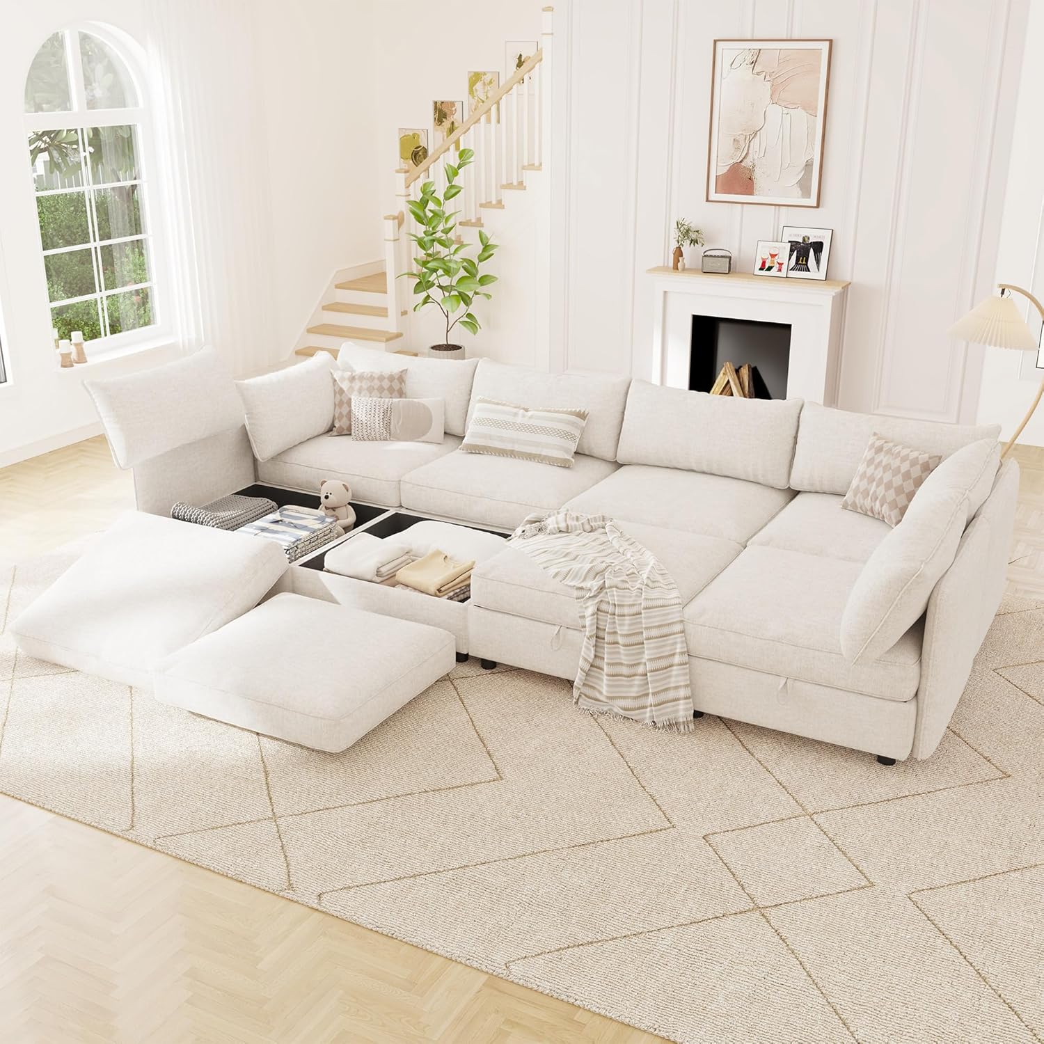 125 Chenille Modular Sectional Sofa Bed Hidden Storage, Convertible L U Shaped Sleeper Couch, 8 Seat Modern Modular Sectional Sofa with Removable Covers & Ottoman Chaise, for Living Room, Beige