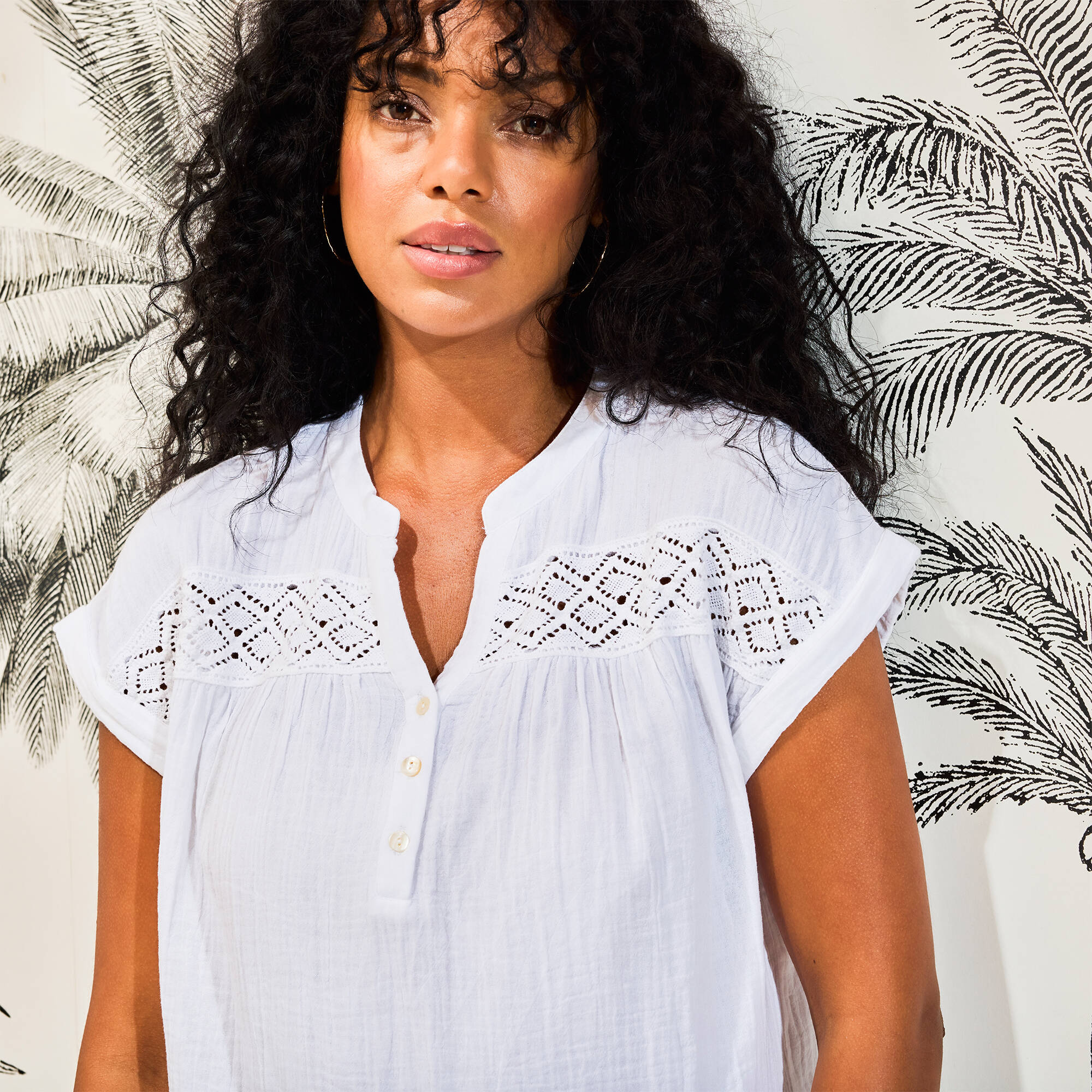 Blouse unie manches courtes, double gaze de coton