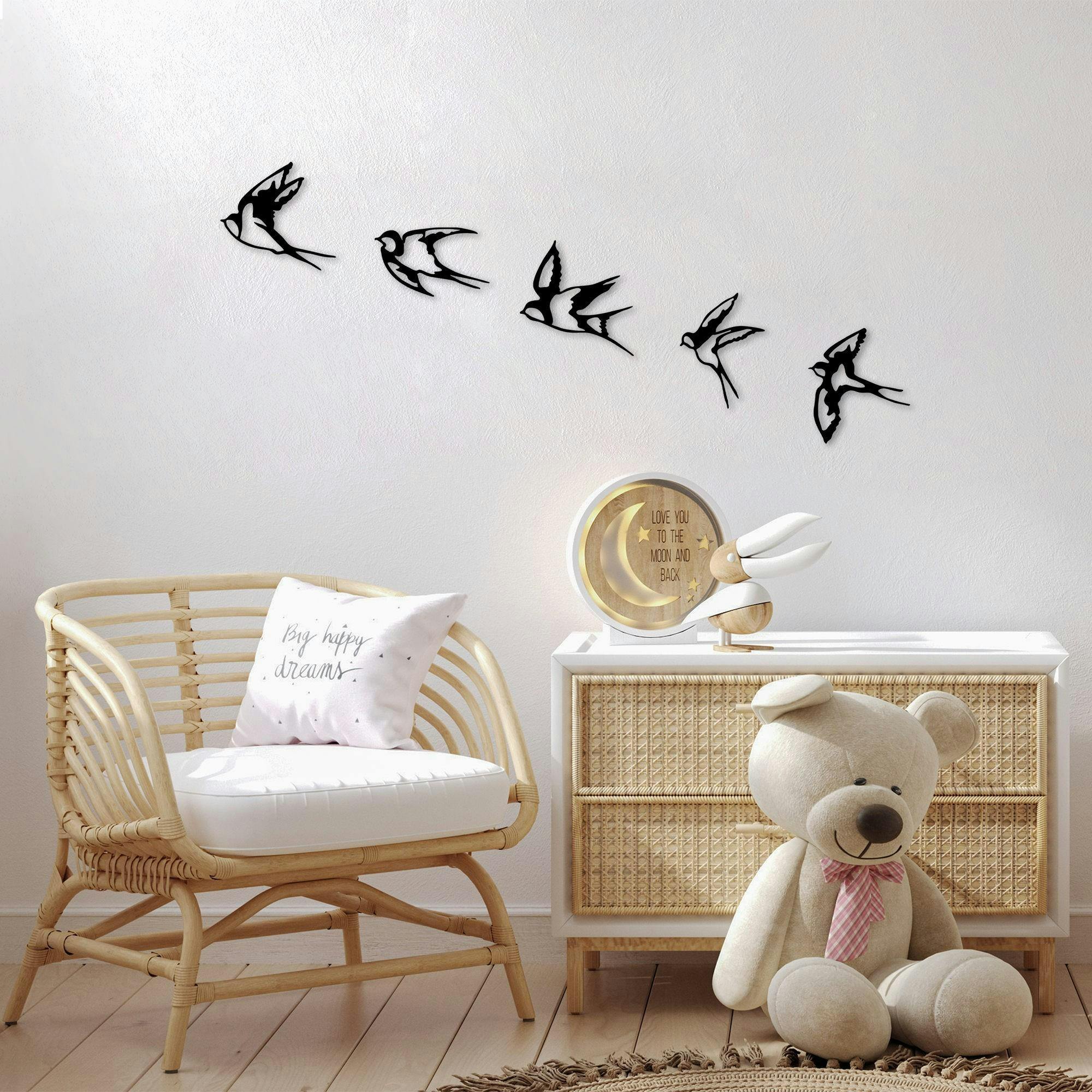 Décoration murale en métal noir – hirondelles (lot de 5)