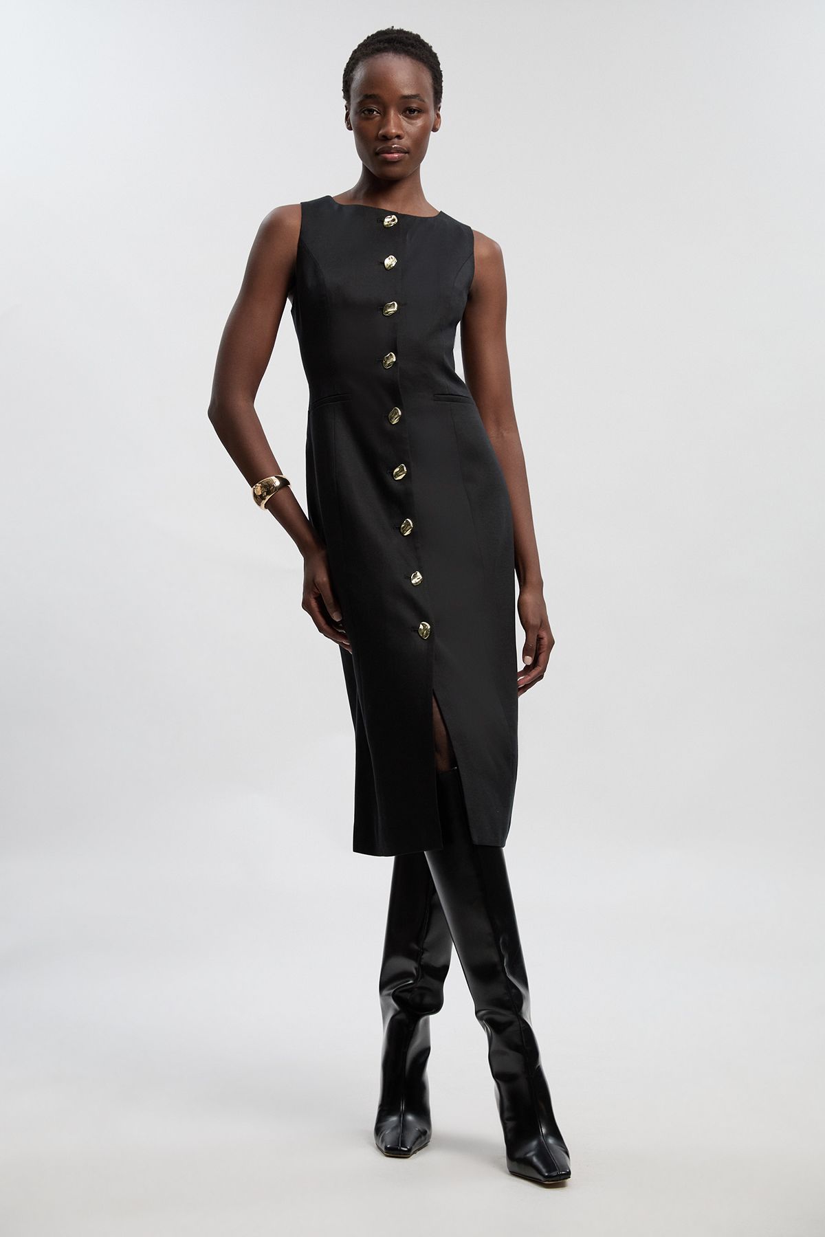 KarenMillen Tailored Linen Statement Button Front Pencil Midi Dress
