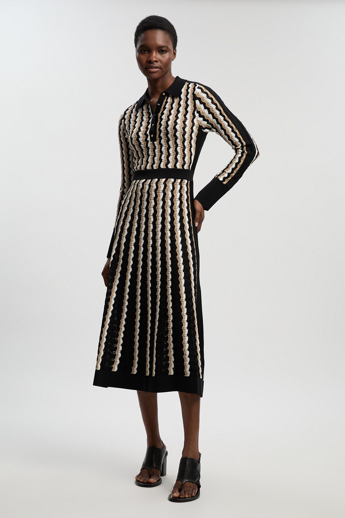 KarenMillen Knit Pointelle Contrast Collared Midi Dress